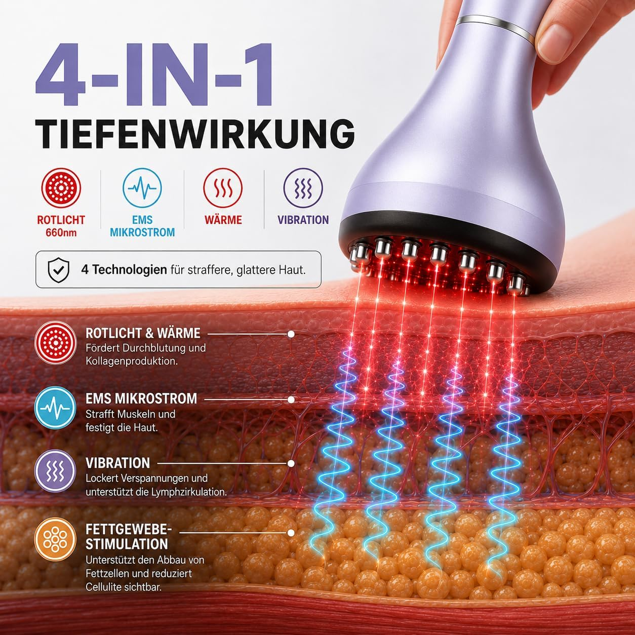 Gerät mit 4 Technologien: Rotlicht, EMS, Wärme, Vibration für die Haut.