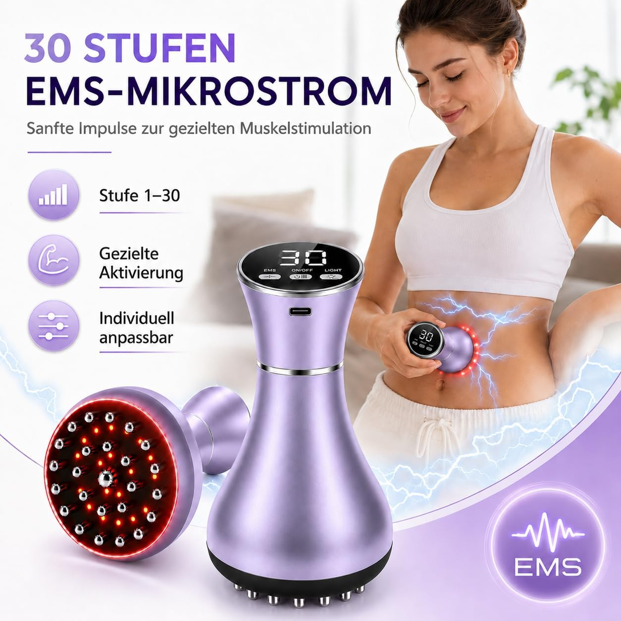 Frau nutzt EMS-Gerät am Bauch. Lilla Gerät mit 30 Stufen für Muskelstimulation.
