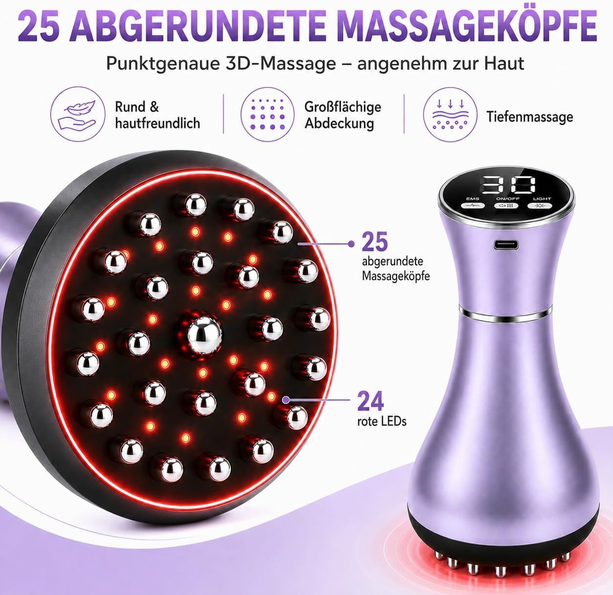 Lila Massagegerät mit 25 Massageköpfen und 24 roten LEDs. Anzeige zeigt 30.