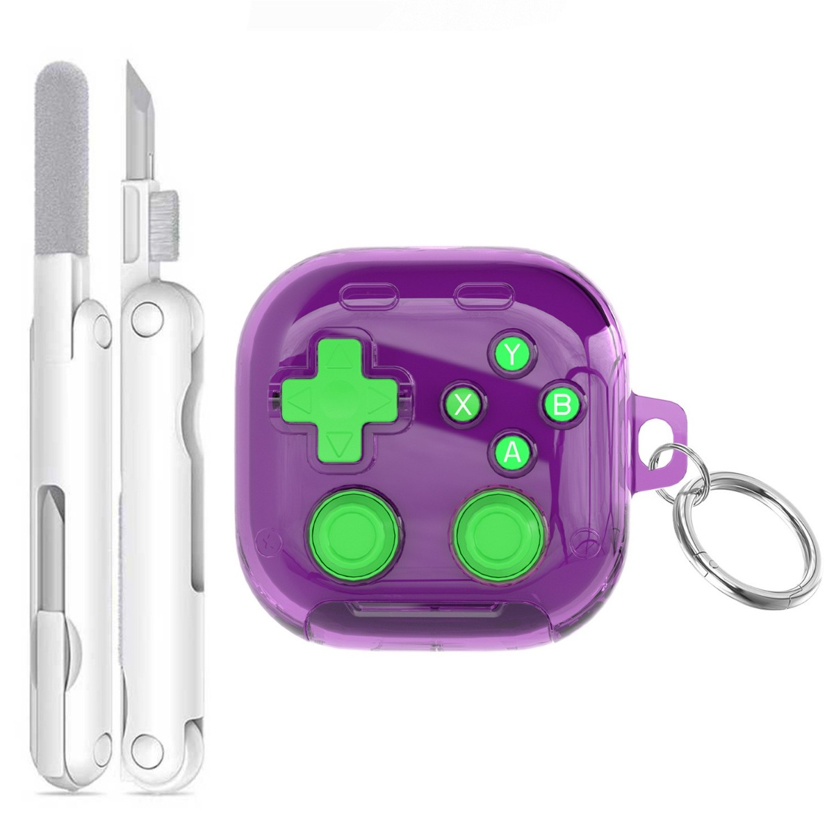 Lila Gaming-Controller-Hülle mit grünen Knöpfen neben einem weißen Reinigungswerkzeug.