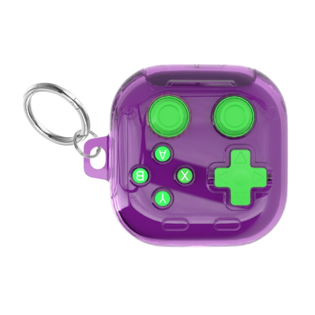 Transparente lila Hülle mit grünen Tasten, ähnlich einem Gamecontroller, mit Schlüsselring.