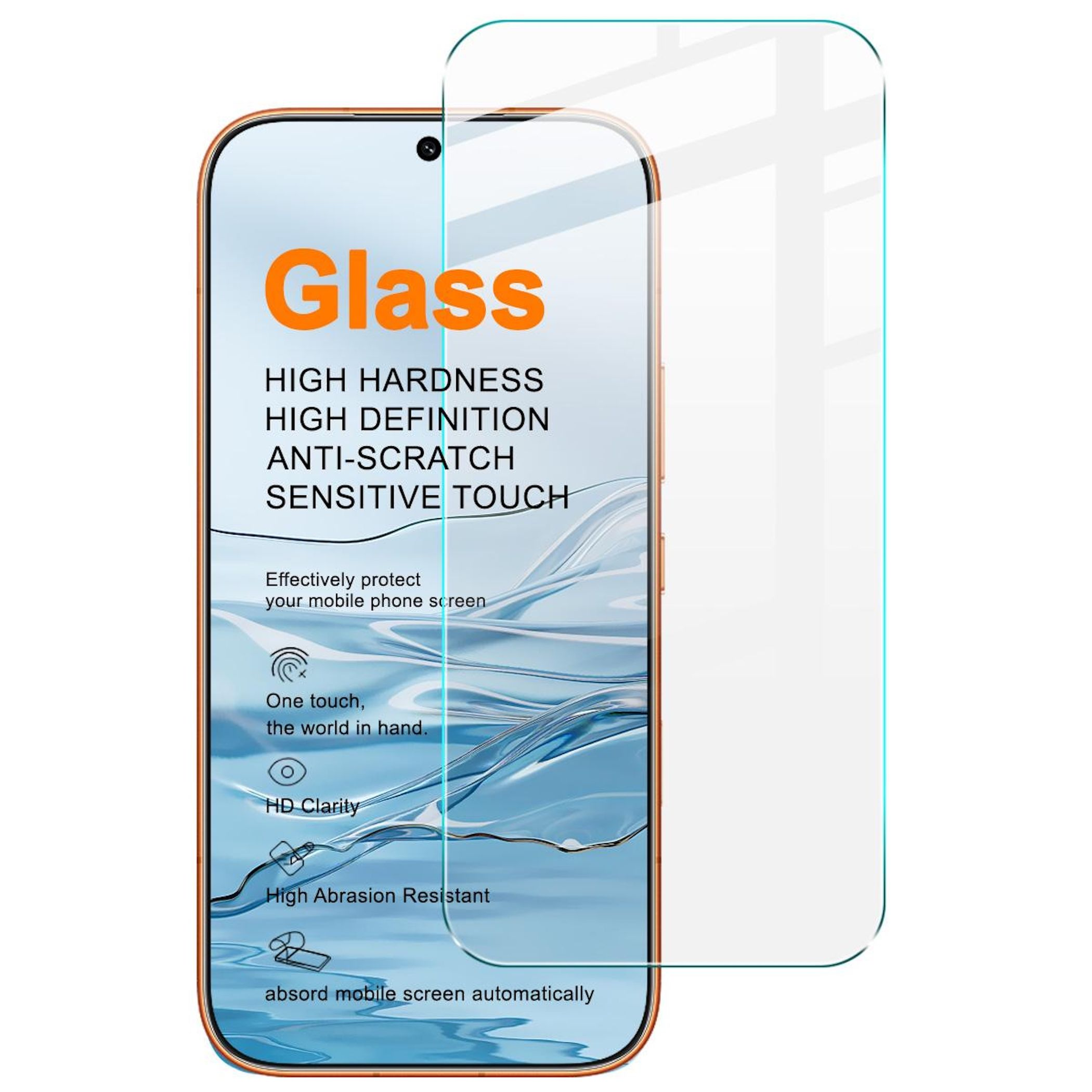 Displayschutzfolie mit Text über Härte, Klarheit und Touch-Empfindlichkeit.
