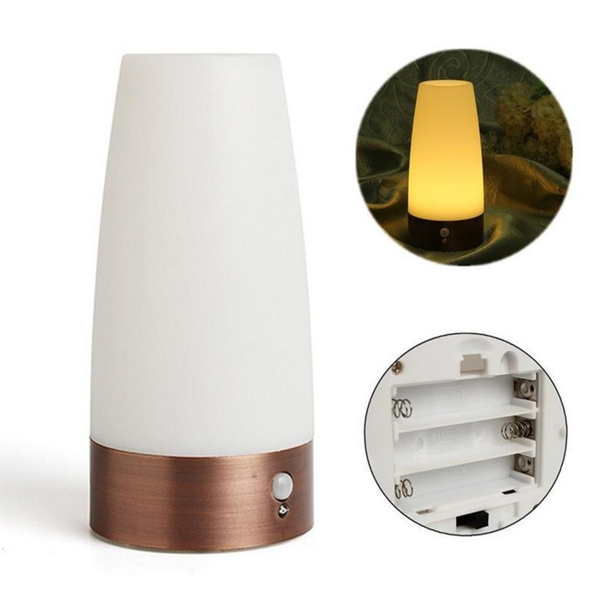 Eine weiße konische Lampe mit kupferfarbenem Sockel steht auf weißer Fläche. Ein kleiner Kreis zeigt die Lampe mit warmem Schein.