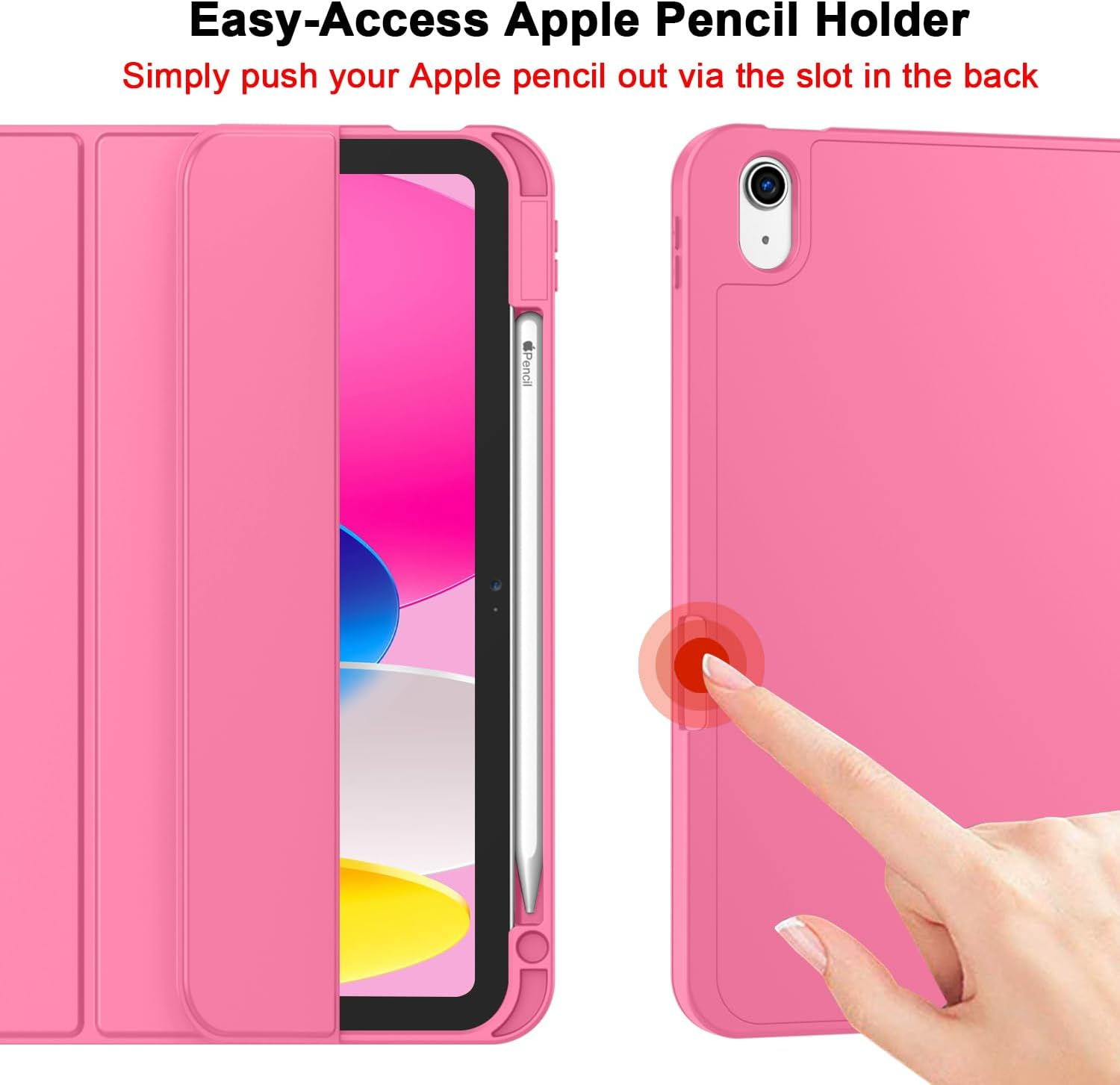 Ein pinkes Tablet mit Hülle und Apple Pencil, der durch einen Schlitz gedrückt wird.