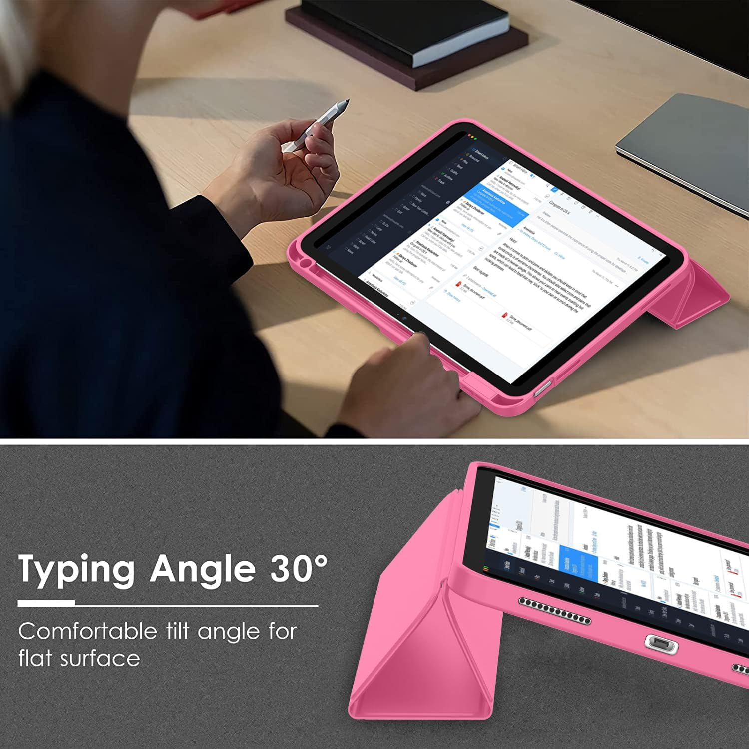Eine Person benutzt ein pinkes Tablet mit Stift. Unten: Nahaufnahme des Tablets in 30-Grad-Winkel.