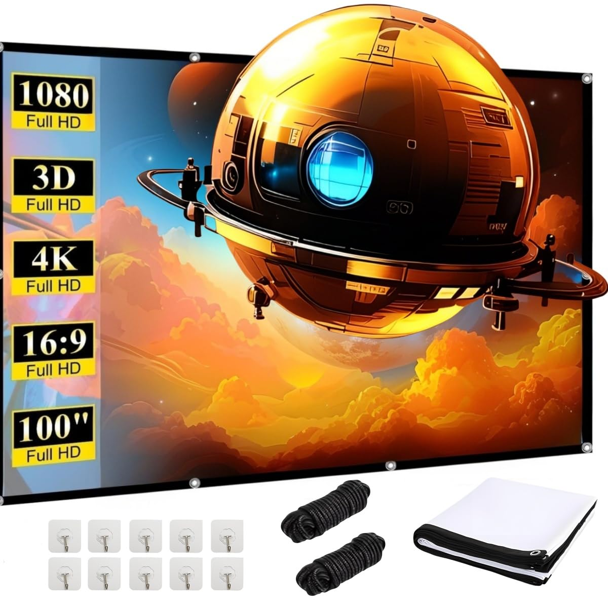Eine Leinwand mit Sci-Fi-Bild, Zubehör wie Haken und Seile.