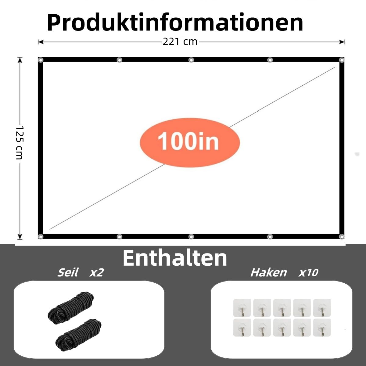 Projektionsleinwand 100 Zoll, 221x125 cm, mit Seilen und Haken.