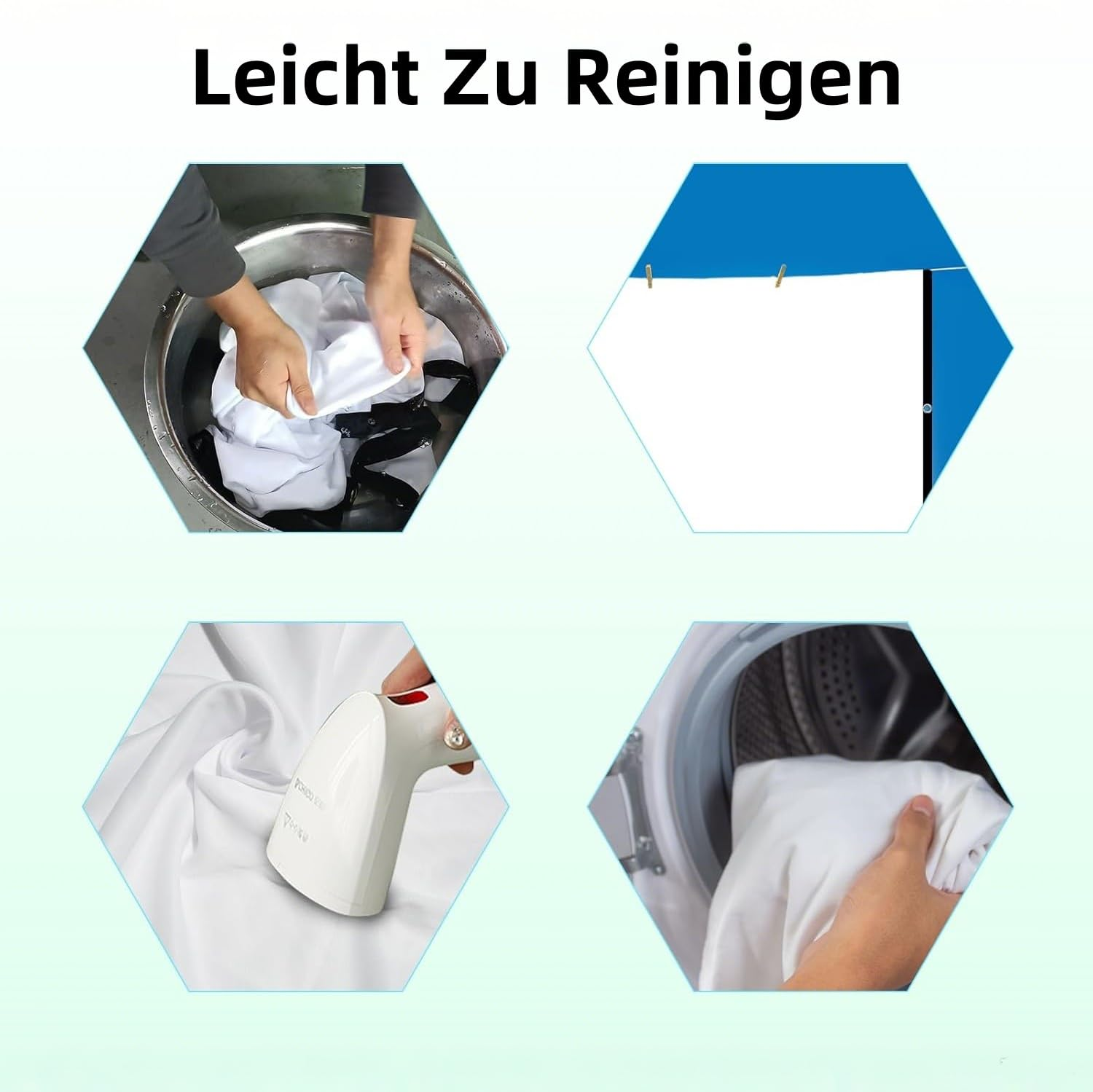 Vier Bilder: Wäsche waschen, trocknen, dämpfen, in Waschmaschine legen.