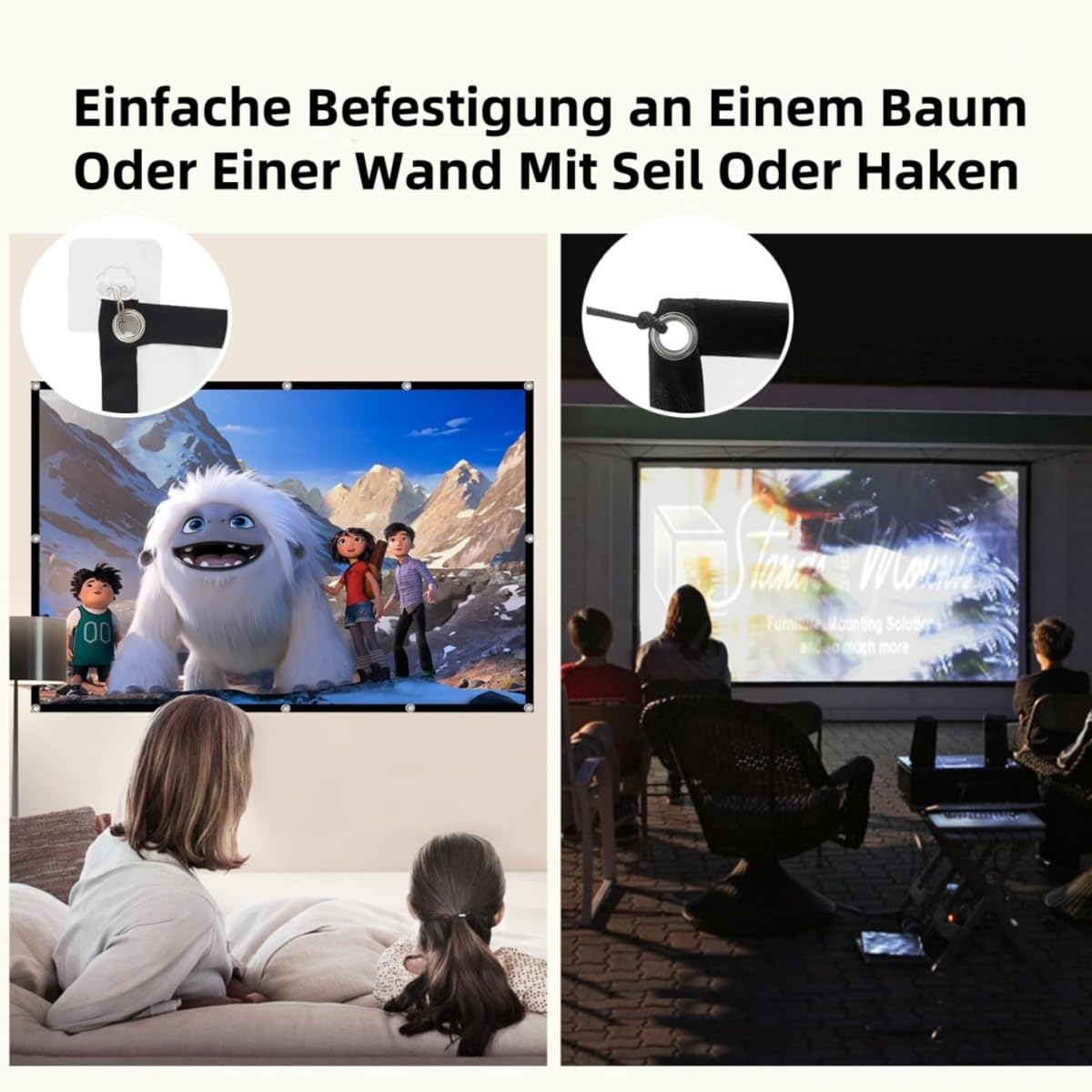 Zwei Szenen: Kinder schauen Film drinnen und draußen. Einfache Befestigung.