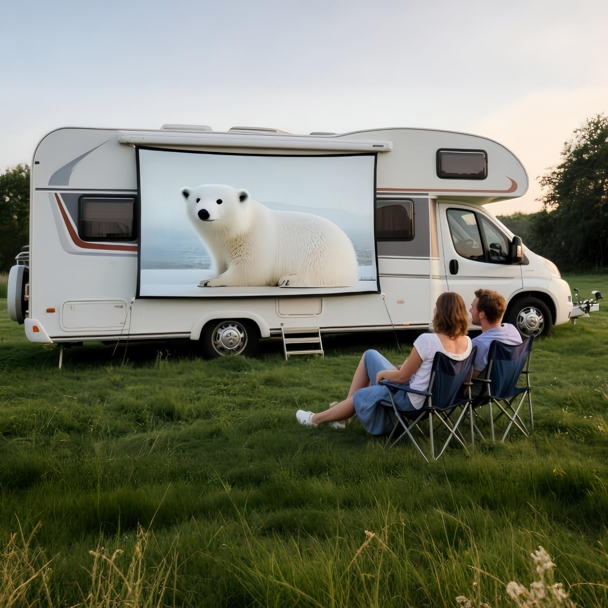 Paar schaut Eisbärenfilm auf Wohnmobilleinwand auf einer Wiese bei Dämmerung.