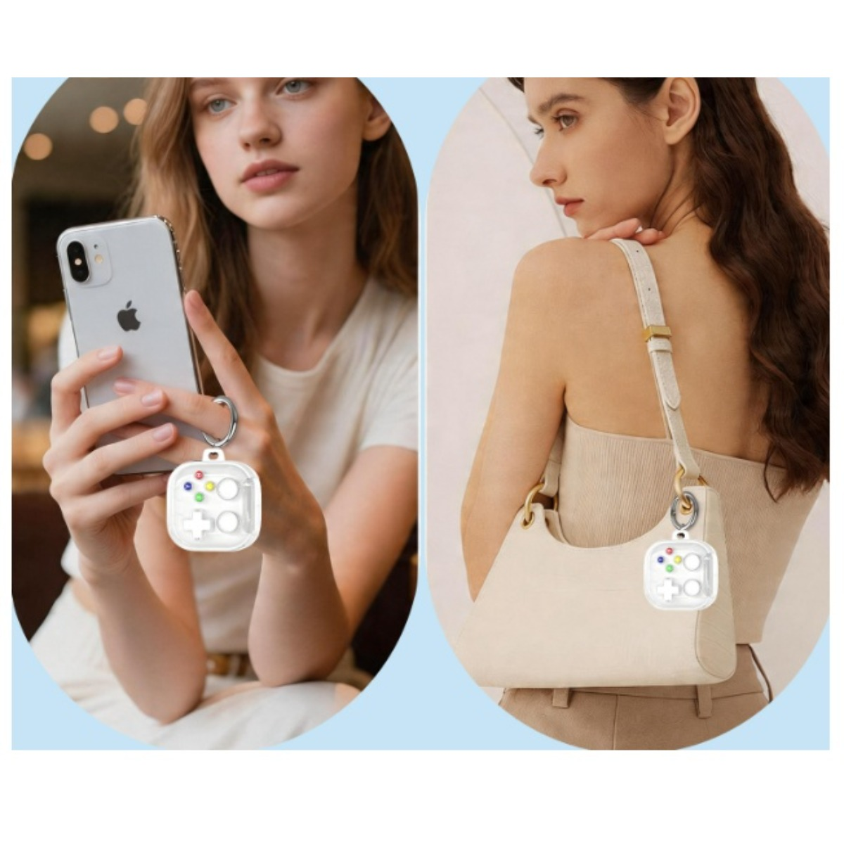 Frau hält Handy mit Controller-Schlüsselanhänger; Frau mit Handtasche mit Controller-Schlüsselanhänger.