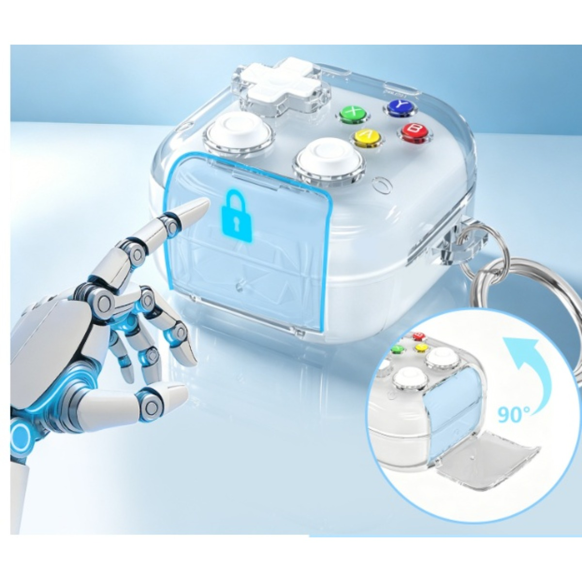 Roboterfinger berührt Controller-Hülle mit Schloss-Symbol. Detailansicht zeigt 90 Grad Öffnung.