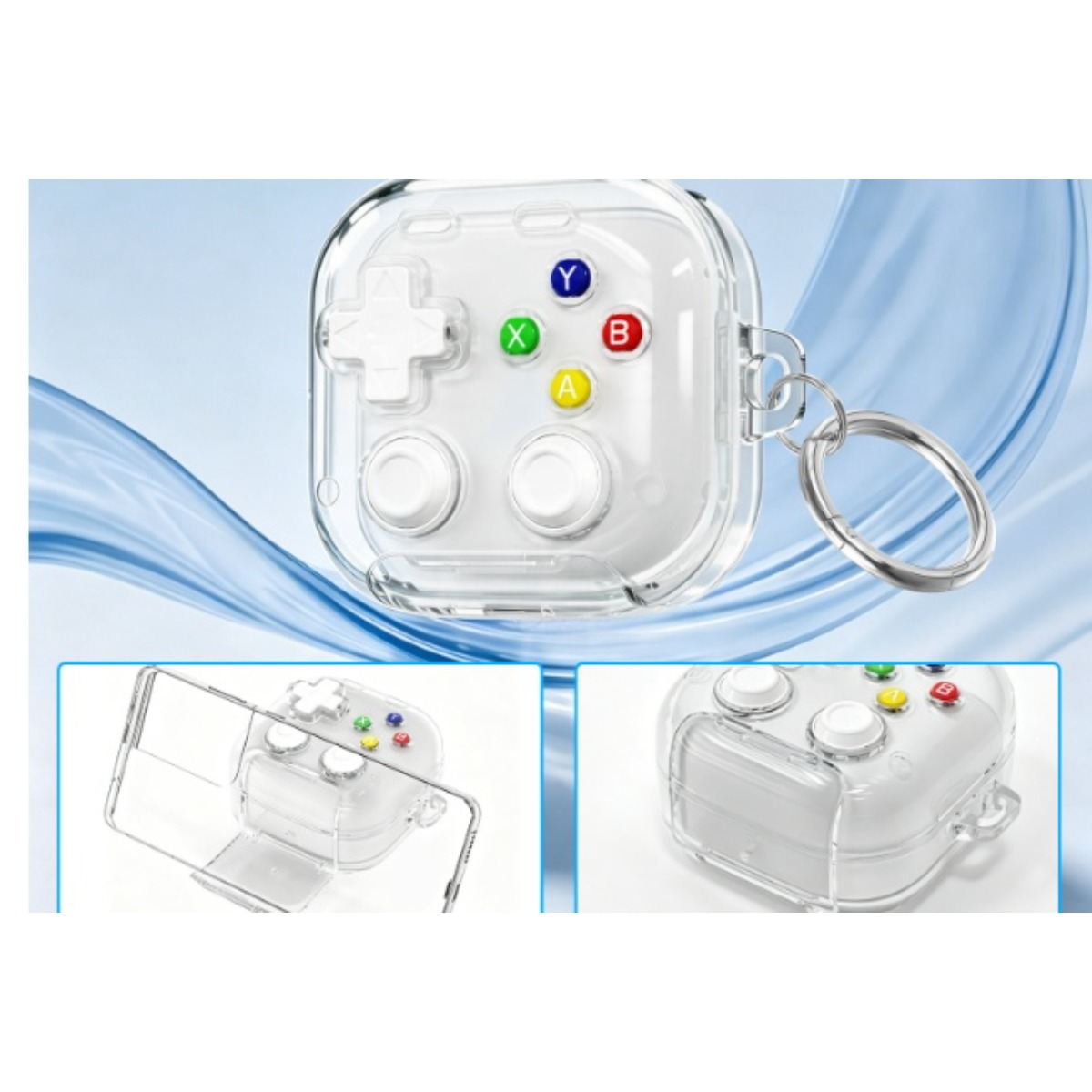 Transparenter Controller-Schutz mit silbernem Schlüsselring und Knöpfen.