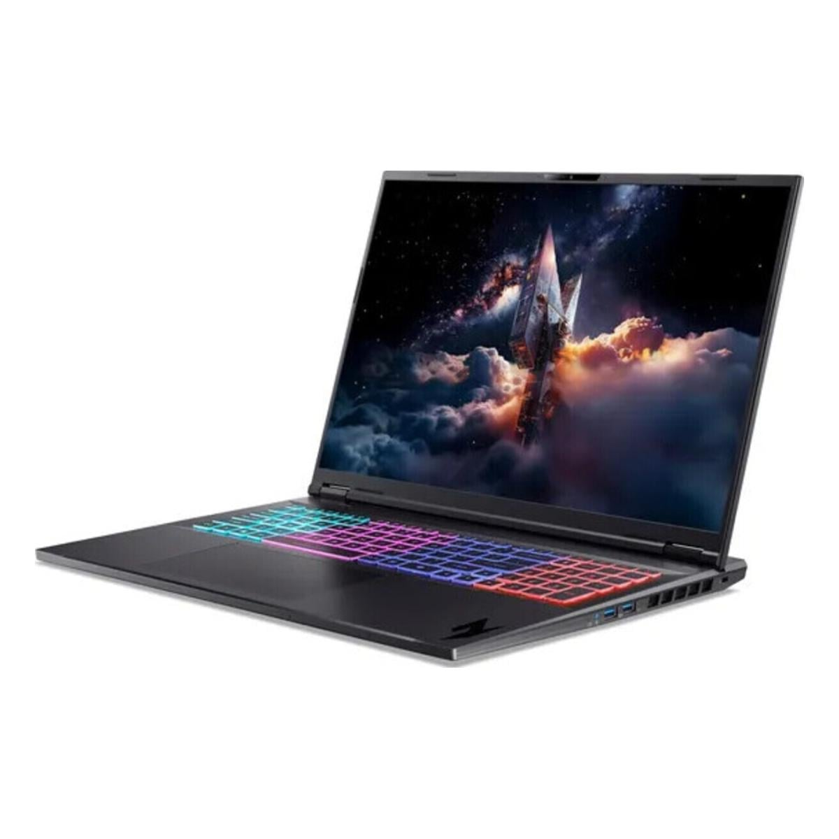 Schwarzer Laptop mit RGB-Tastatur und Weltraum-Hintergrundbild.