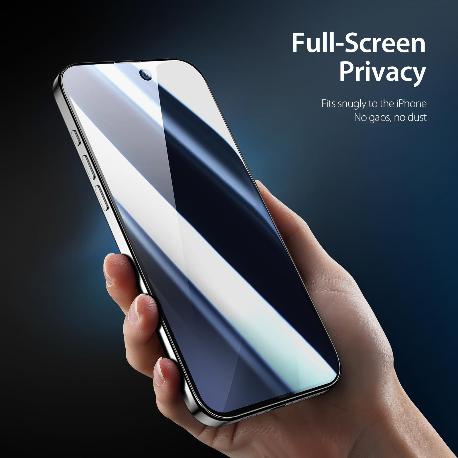 Eine Hand hält ein iPhone mit einem Full-Screen-Privatsphäre-Schutz.