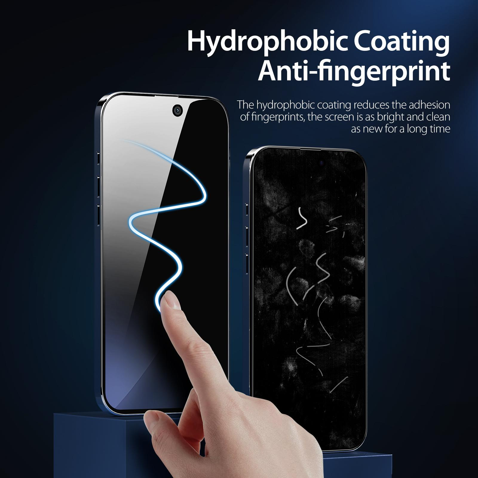 Ein Finger berührt einen sauberen Telefonbildschirm mit einem blauen Wirbel. Ein anderer Telefonbildschirm ist schmutzig.