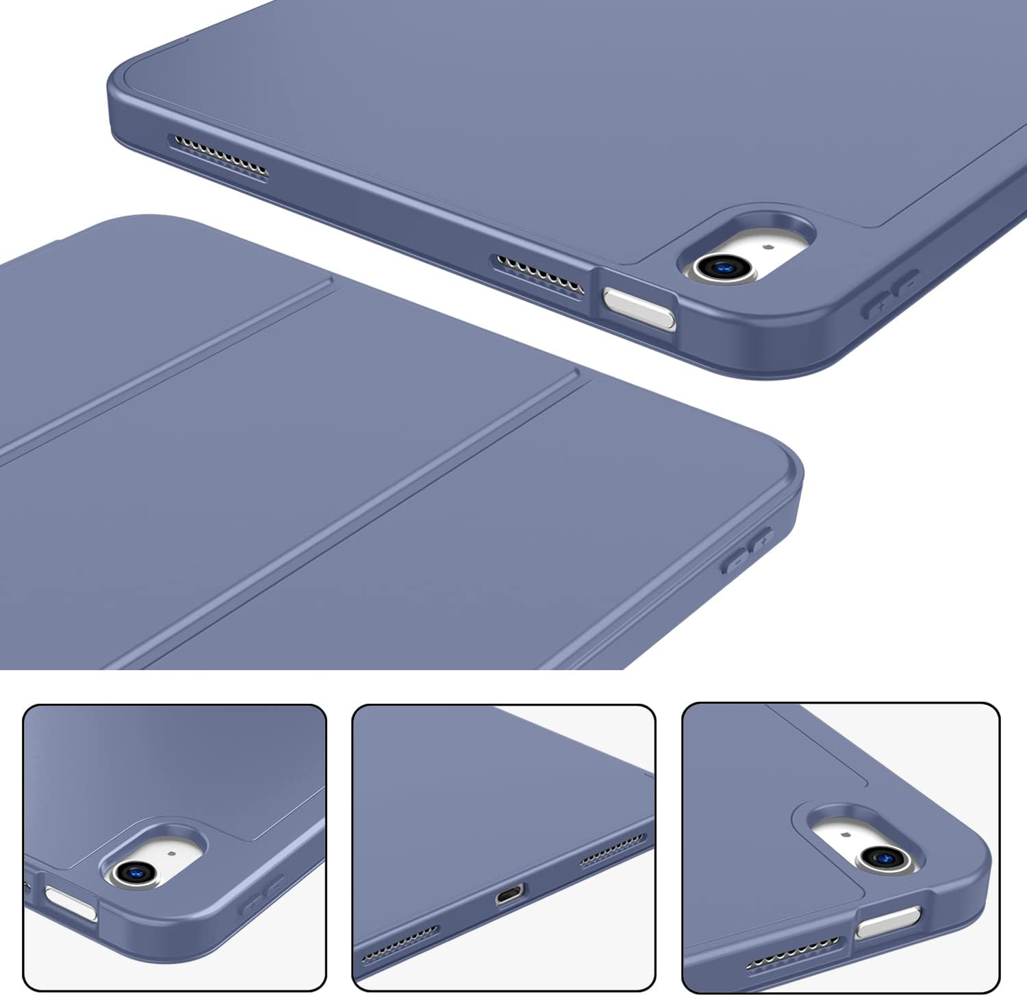 Ein blauer Tablet-Schutzhülle mit präzisen Aussparungen für Kamera und Tasten.