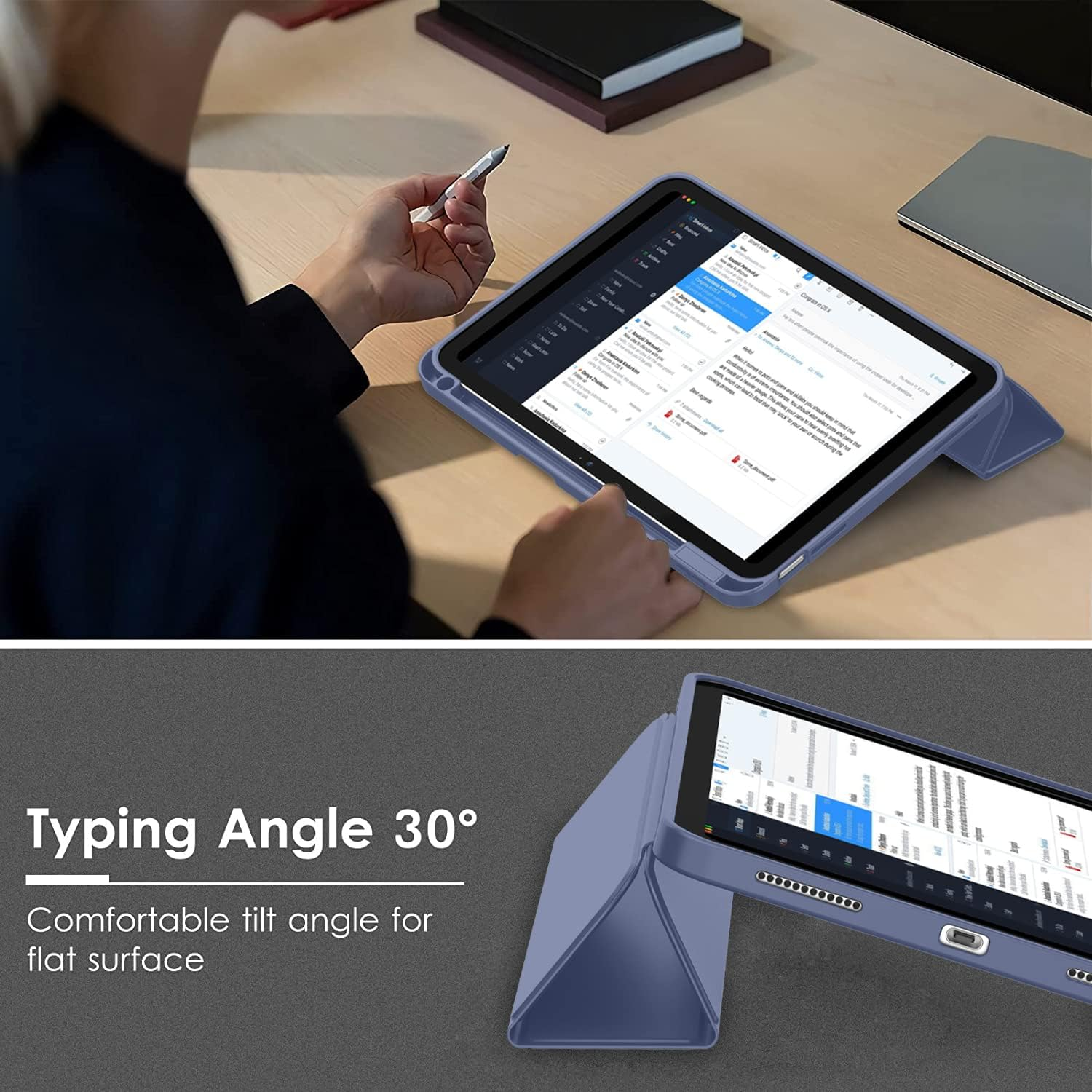 Person benutzt ein Tablet in einer blauen Hülle, auf einem Schreibtisch im 30°-Tippwinkel.
