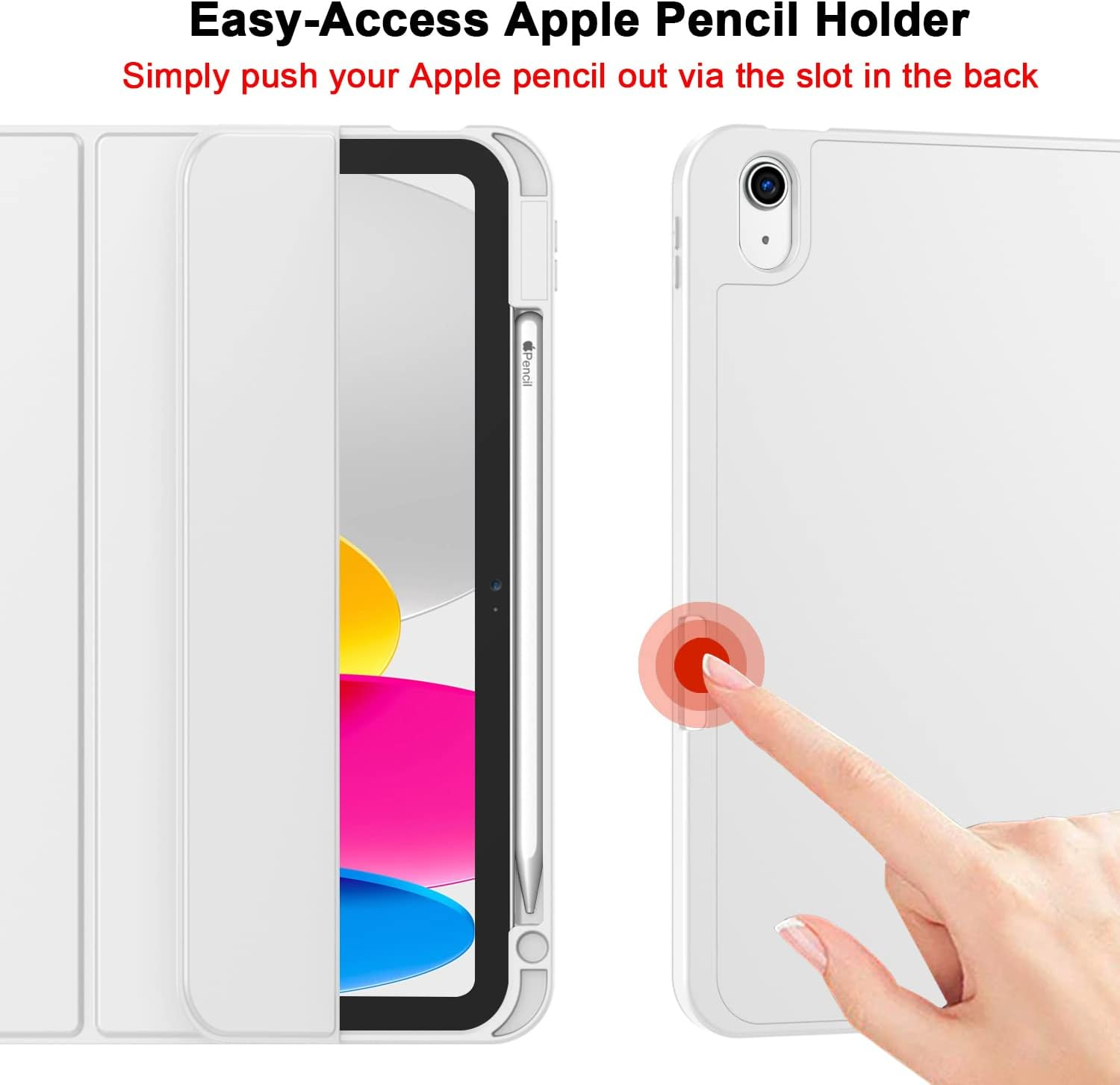 Ein weies Tablet mit Stifthalter, das eine Hand zeigt, wie man einen Stift herausdrckt.