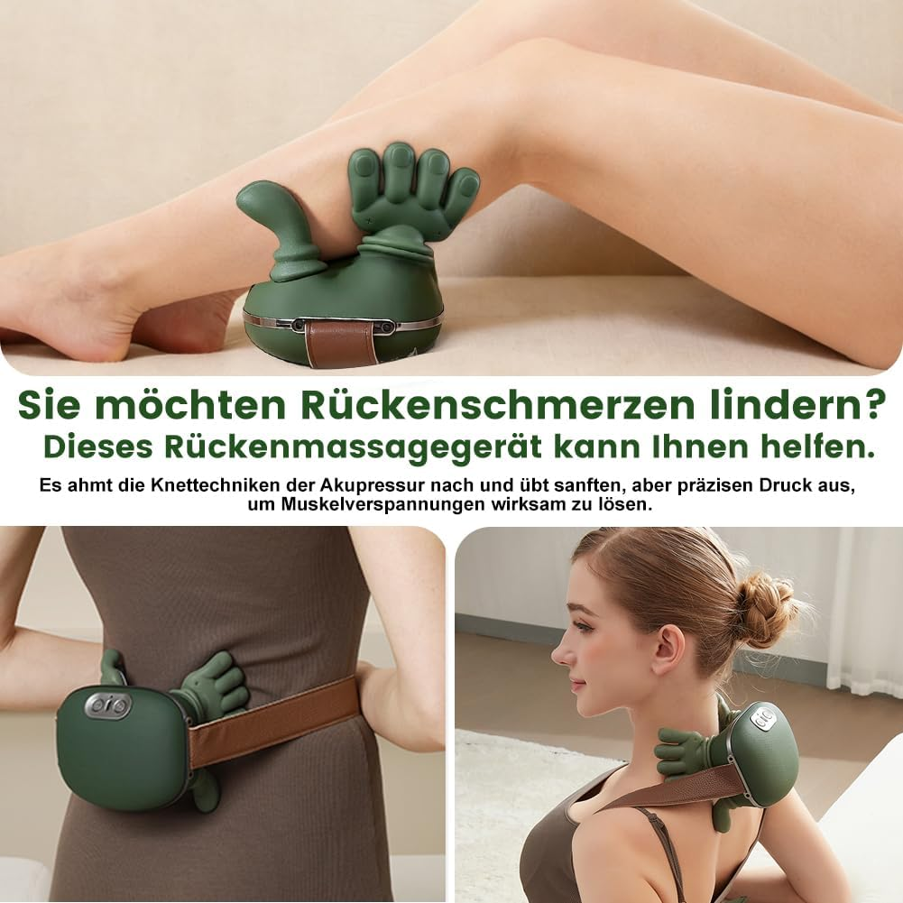 Ein grünes Massagegerät mit Händen wird an Beinen, Taille und Nacken einer Frau gezeigt.