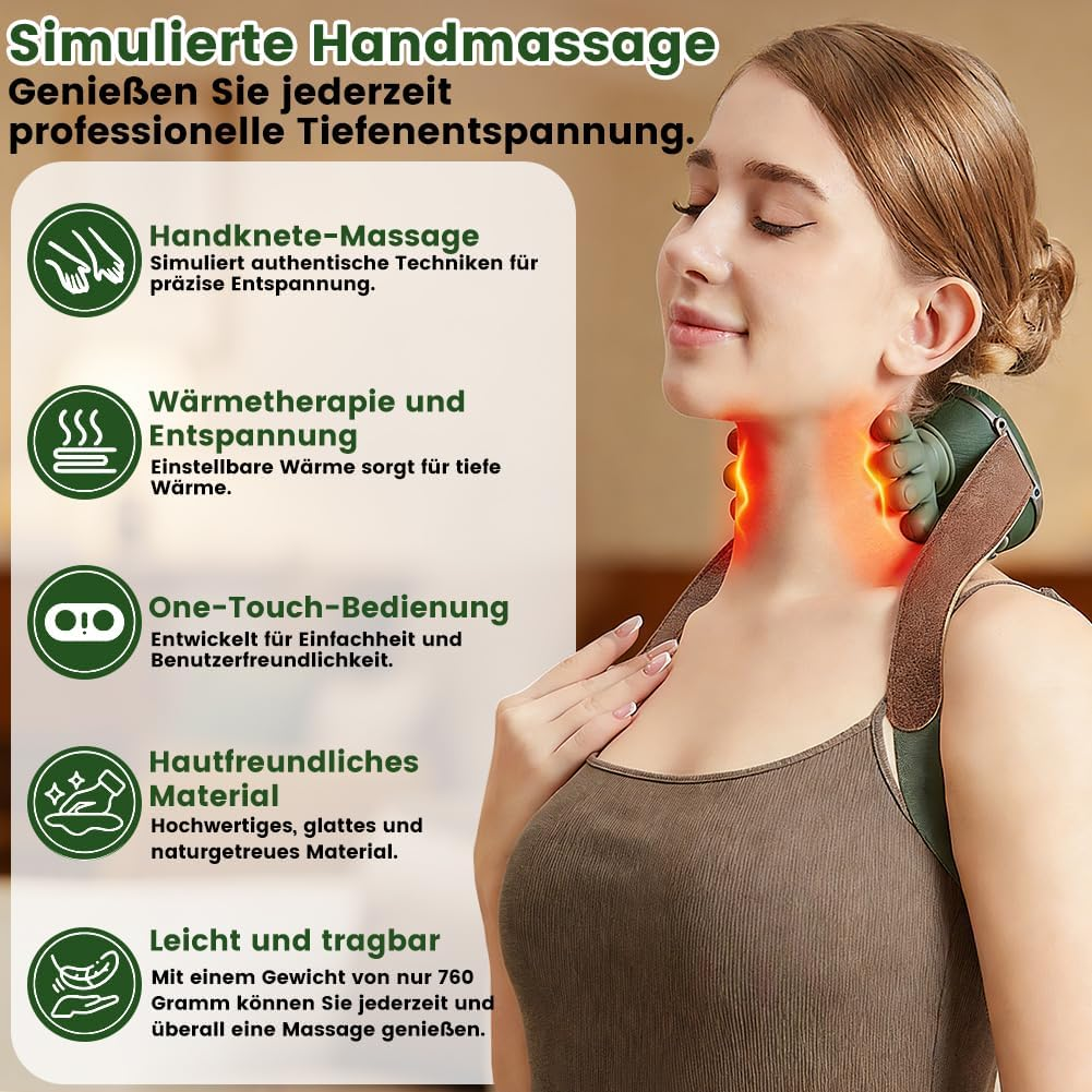 Eine Frau im Profil mit einem Nackenmassagegerät, das Wärme und Entspannung bietet.