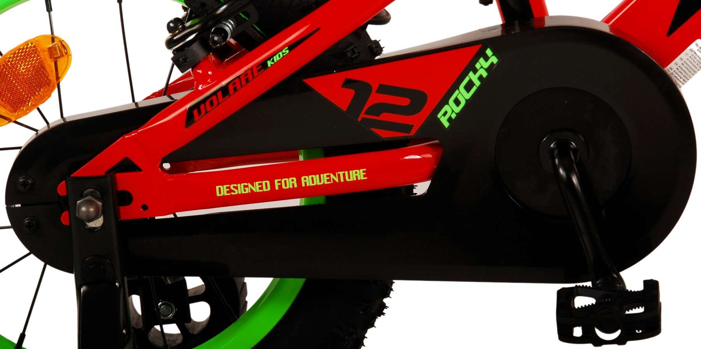 Rotes Fahrrad mit schwarzer Kette, Schriftzug 'Volare Kids' und orangem Reflektor.