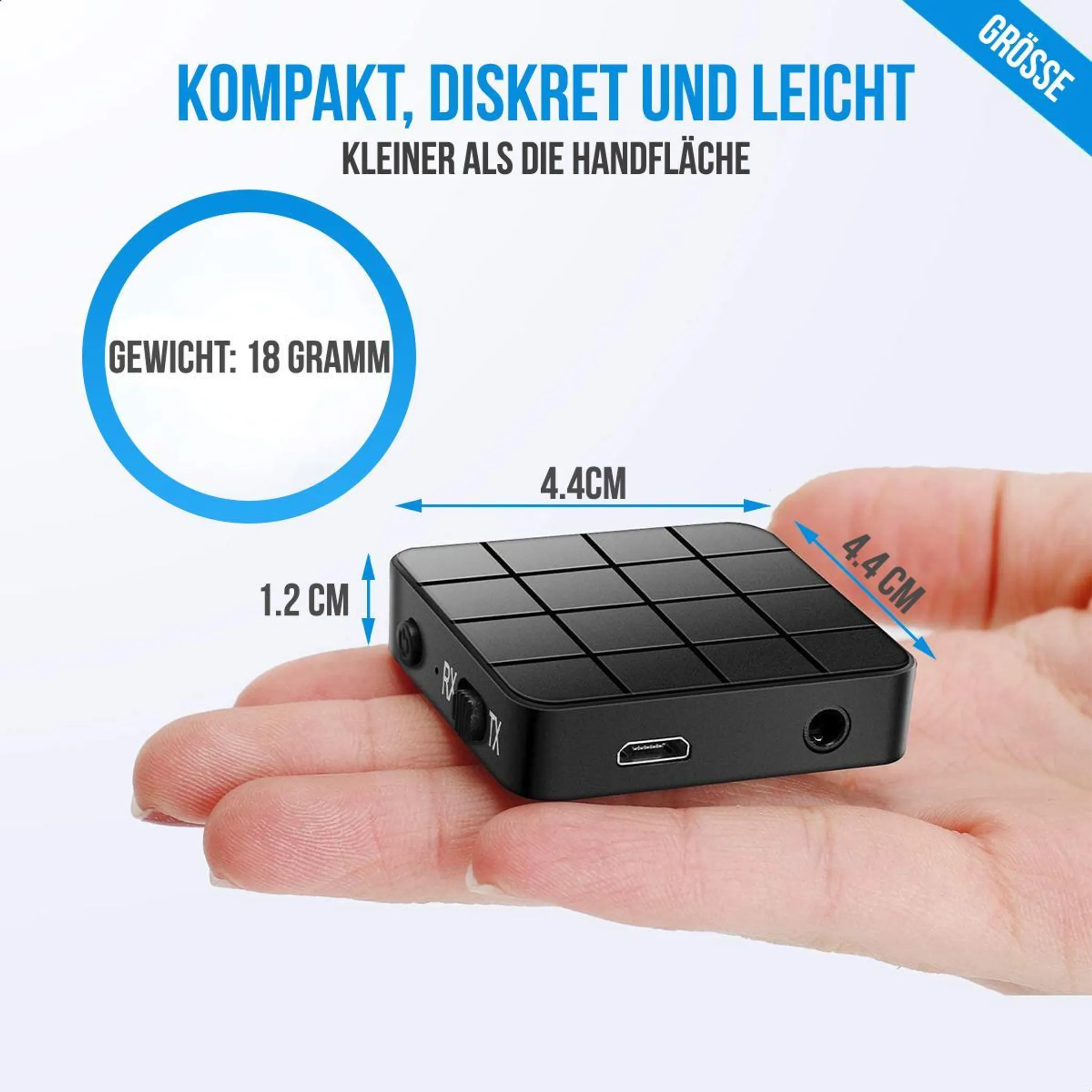 Ein schwarzes, kompaktes Gerät liegt in einer Hand. Maße: 4,4 x 1,2 cm.