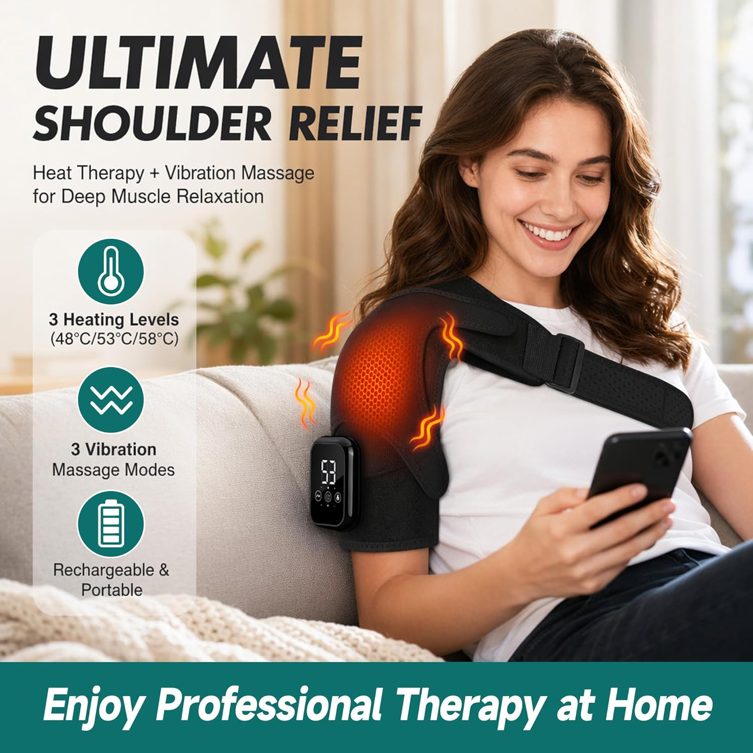 Frau mit Schulter-Wärme-/Massagegerät, das sie mit ihrem Handy benutzt.