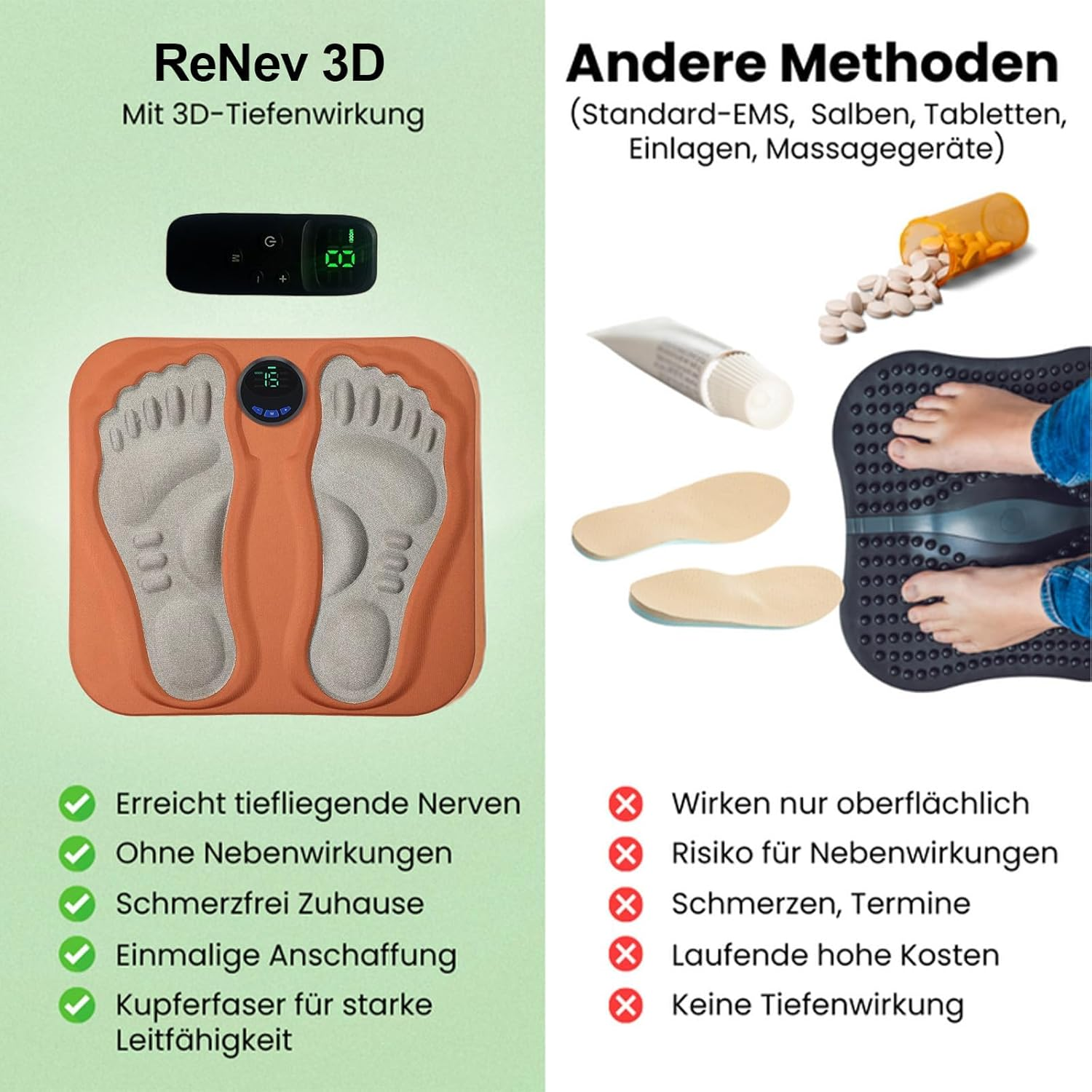 ReNev 3D Fußmassagegerät im Vergleich zu anderen Methoden wie Salben und Tabletten.