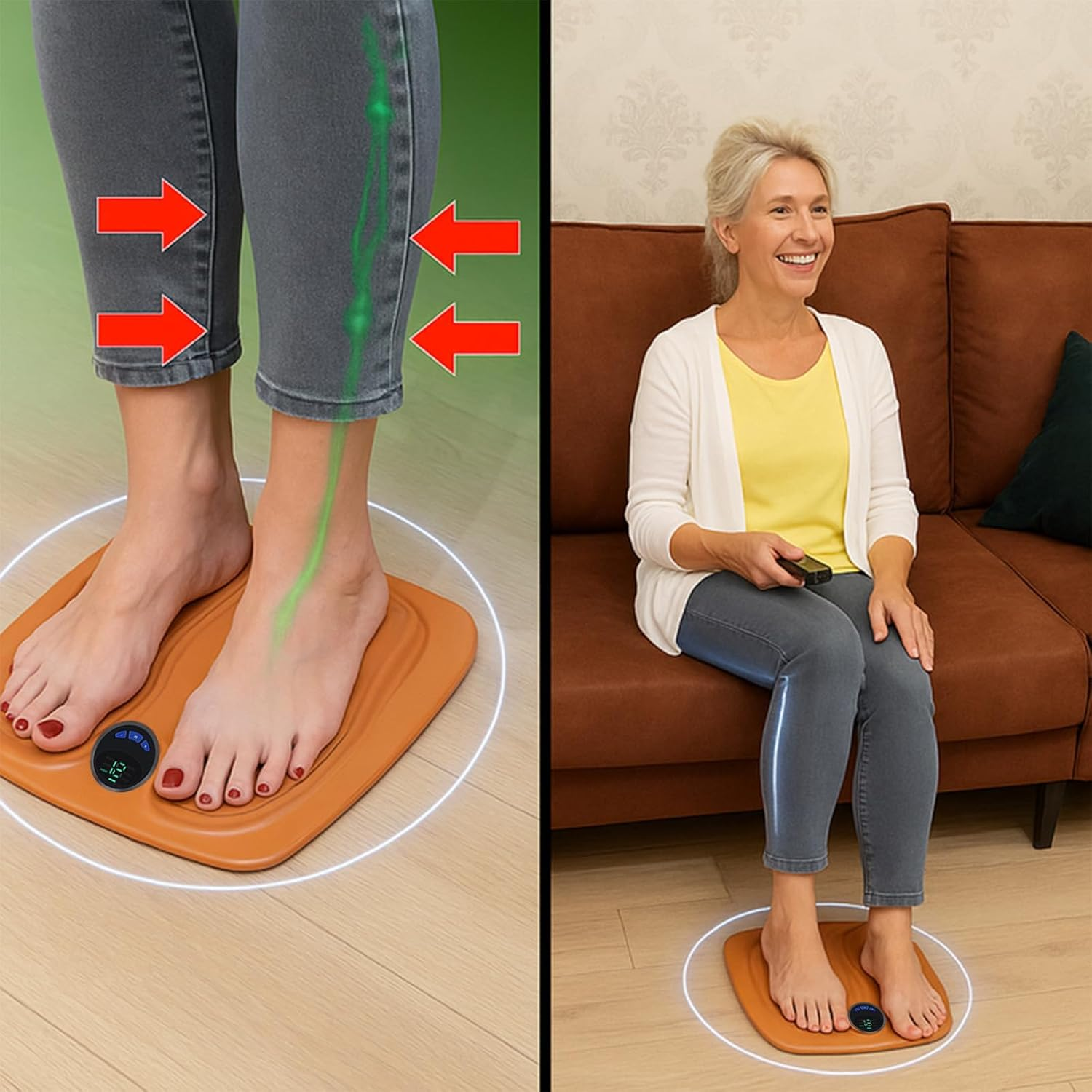 Frau auf Fußmassagegerät sitzend und stehend, mit grünen und roten Pfeilen.