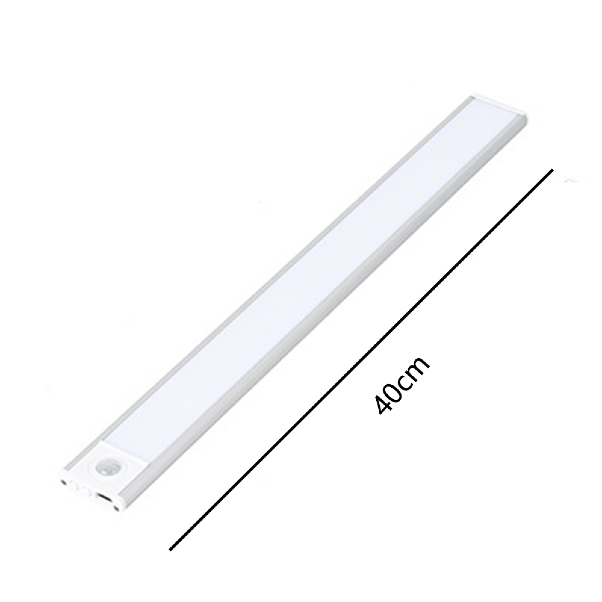 Eine 40cm lange, silberne LED-Leiste mit Bewegungssensor im Vordergrund.