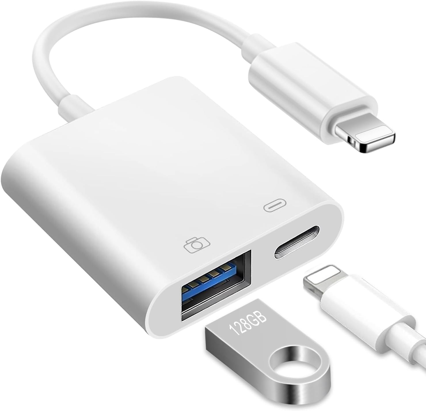 Ein weißer Lightning-Adapter mit USB-A-, Lightning- und SD-Karten-Anschlüssen.