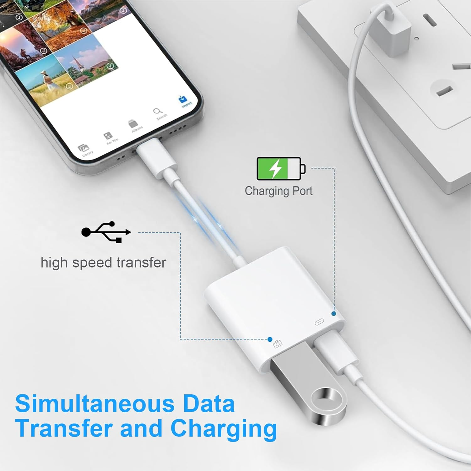 Ein USB-Adapter verbindet ein Smartphone mit einem USB-Stick und einem Ladegerät.