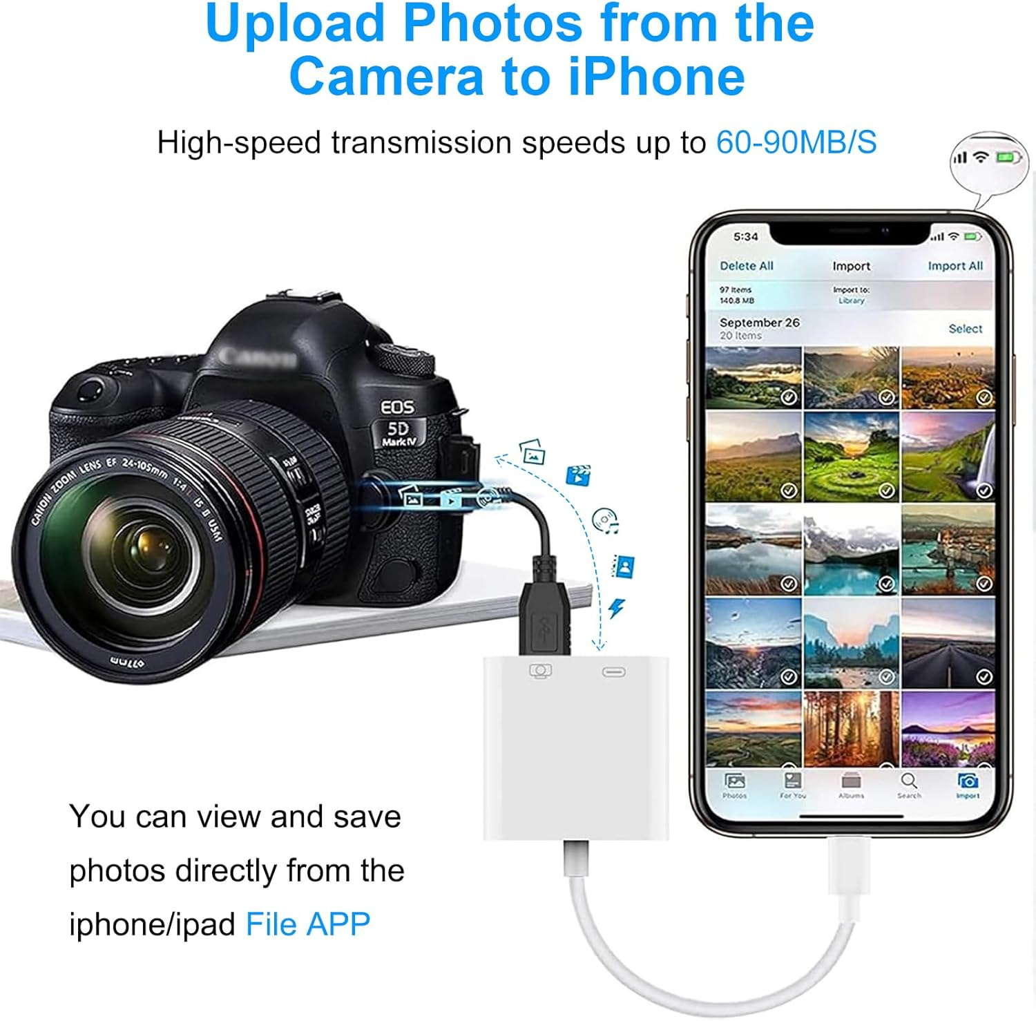 Kamera wird über ein weißes Gerät mit einem iPhone verbunden, um Fotos zu übertragen.