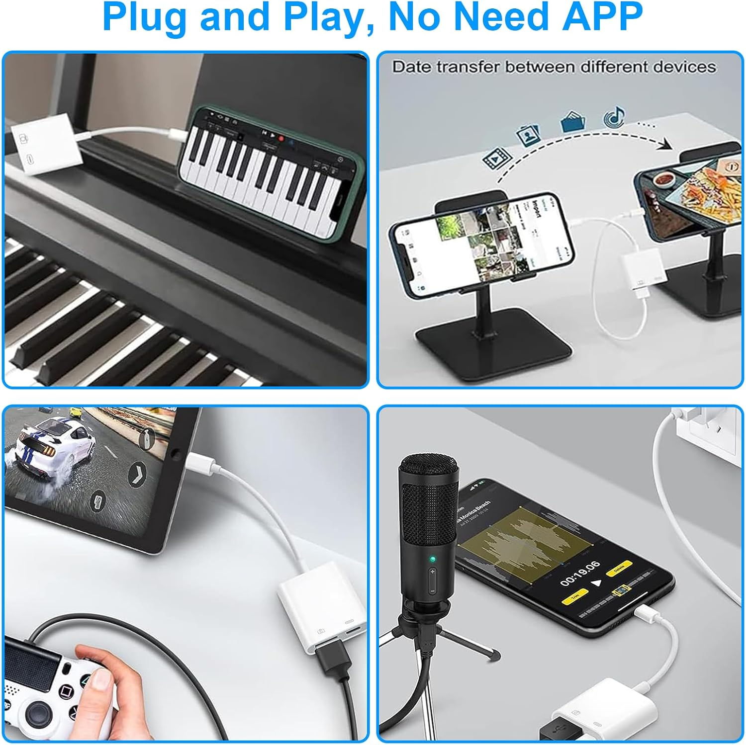Vier Bilder zeigen Adapter, die Telefone, Tablets und Klaviere verbinden.