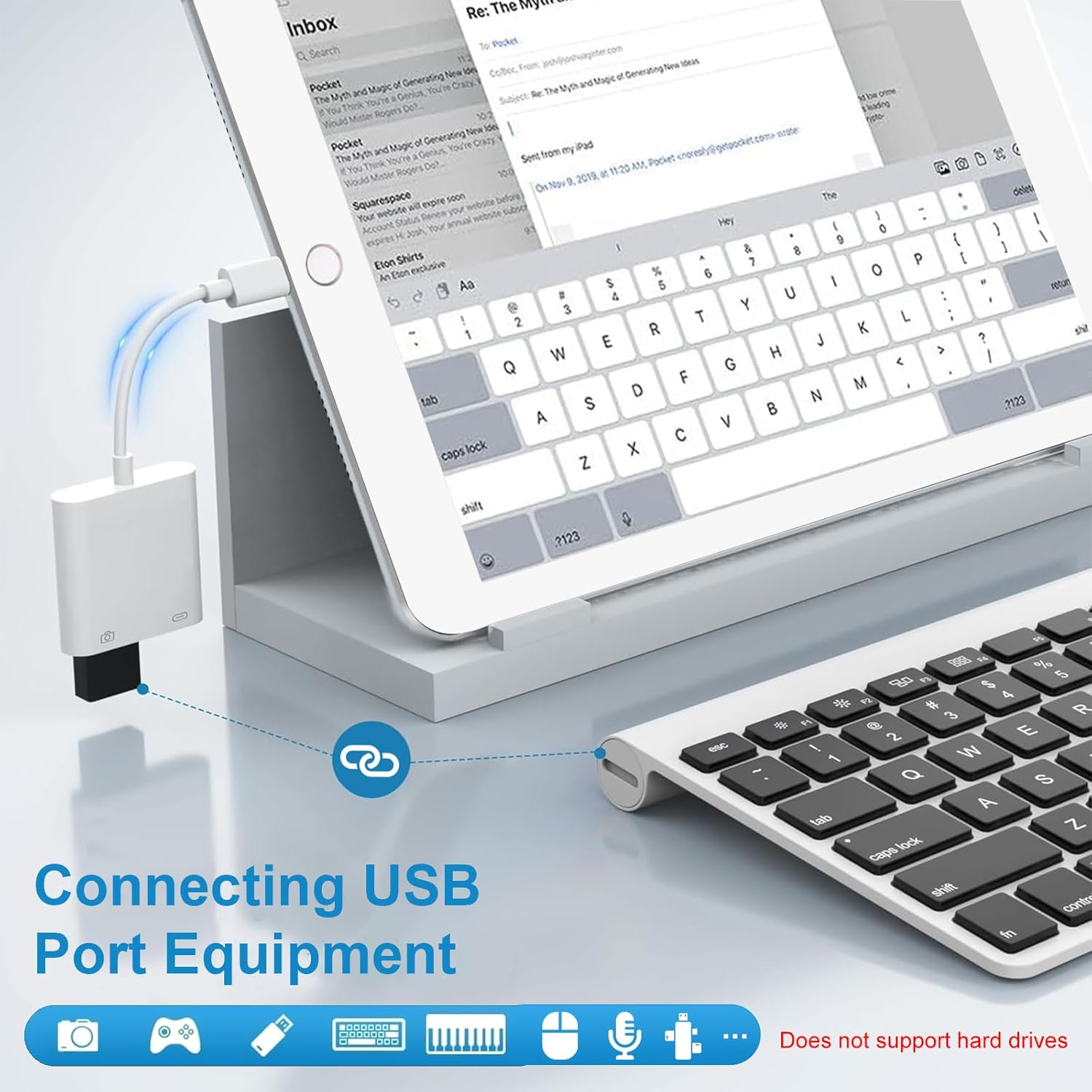 Ein Tablet mit Tastatur und USB-Adapter. Text: USB-Port-Geräte verbinden.