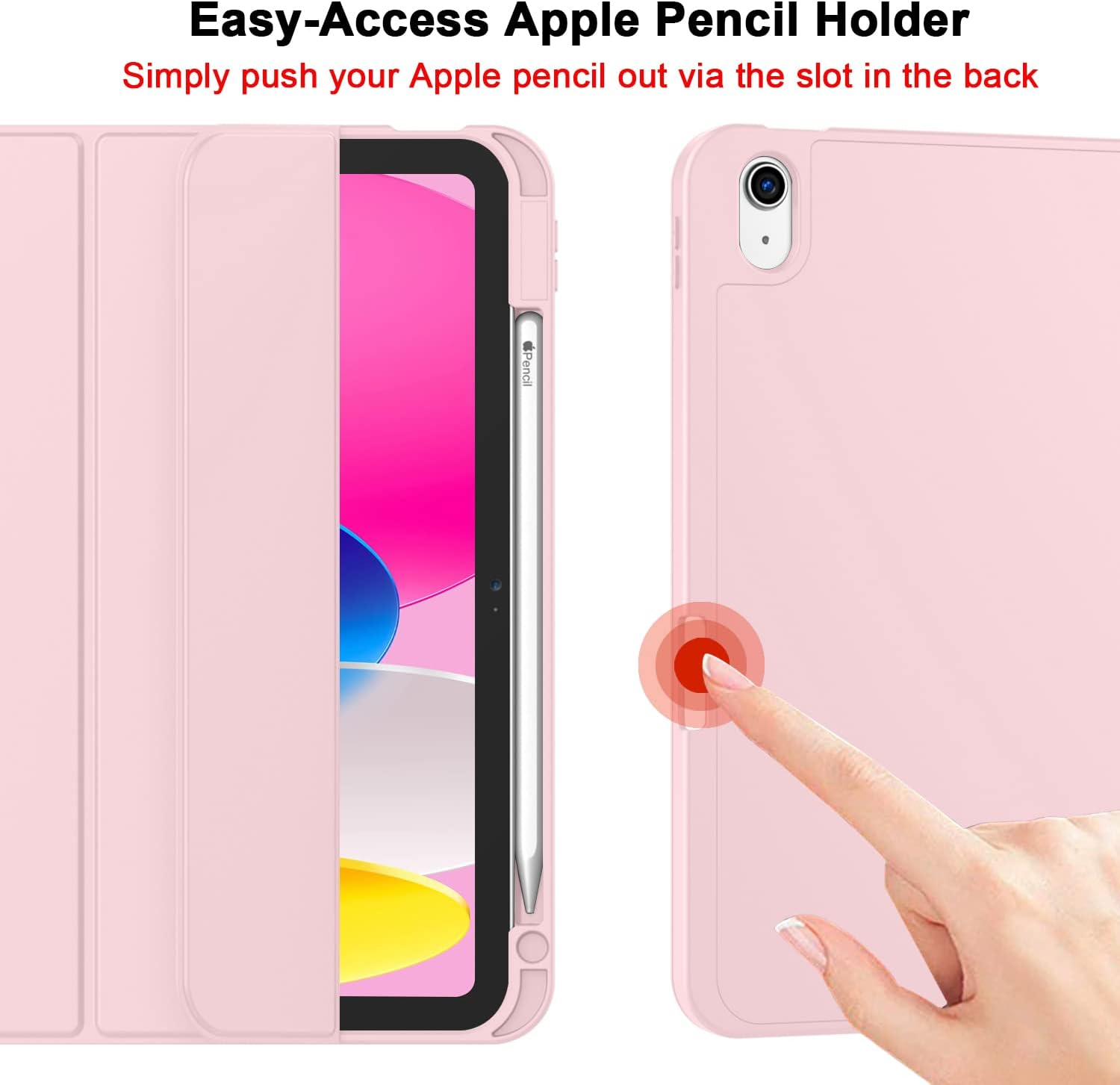Ein pinkes Tablet im Case mit einem Apple Pencil im Halter.