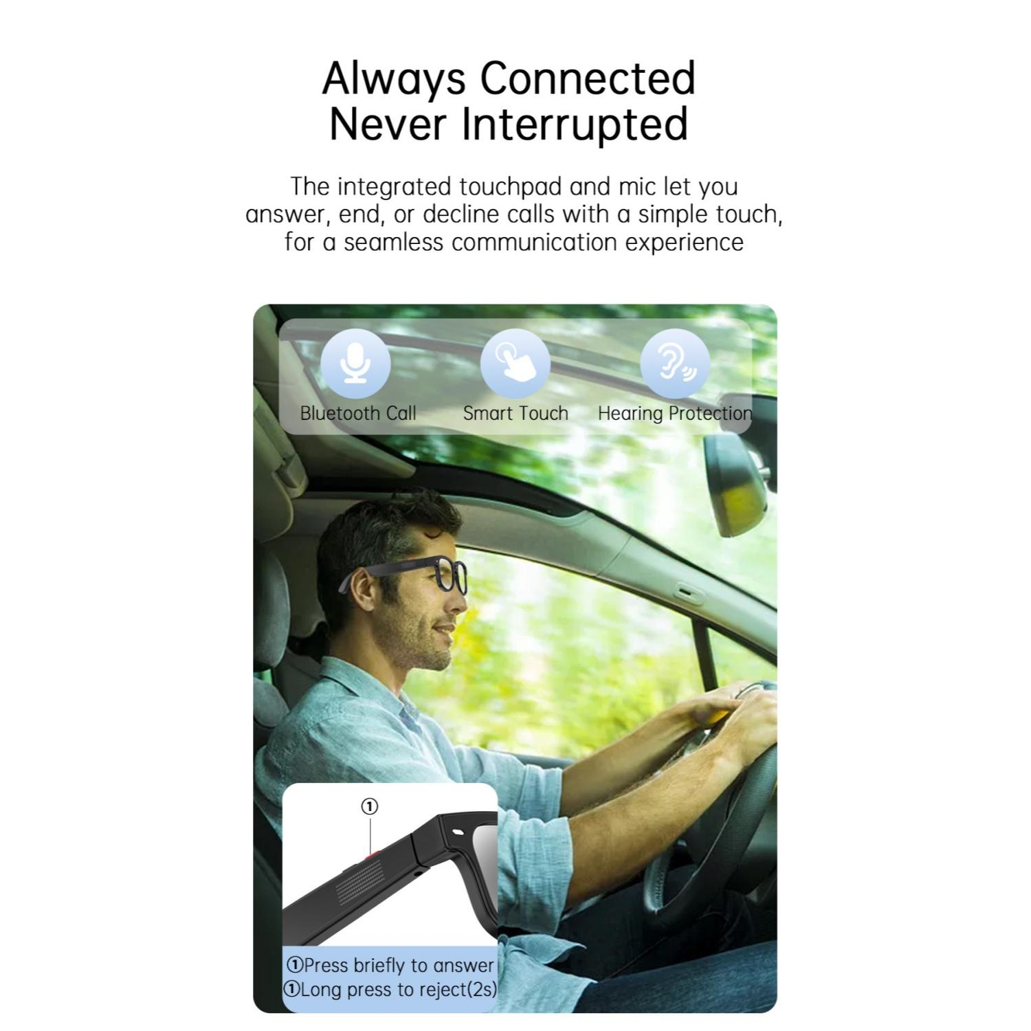 Mann fährt Auto mit Brille, die Mikrofon hat. Touchpad-Bedienung.