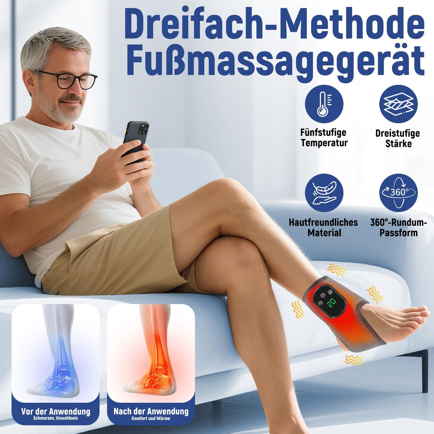 Mann sitzt auf Sofa, hält Handy. Fußmassagegerät am Knöchel mit Display.