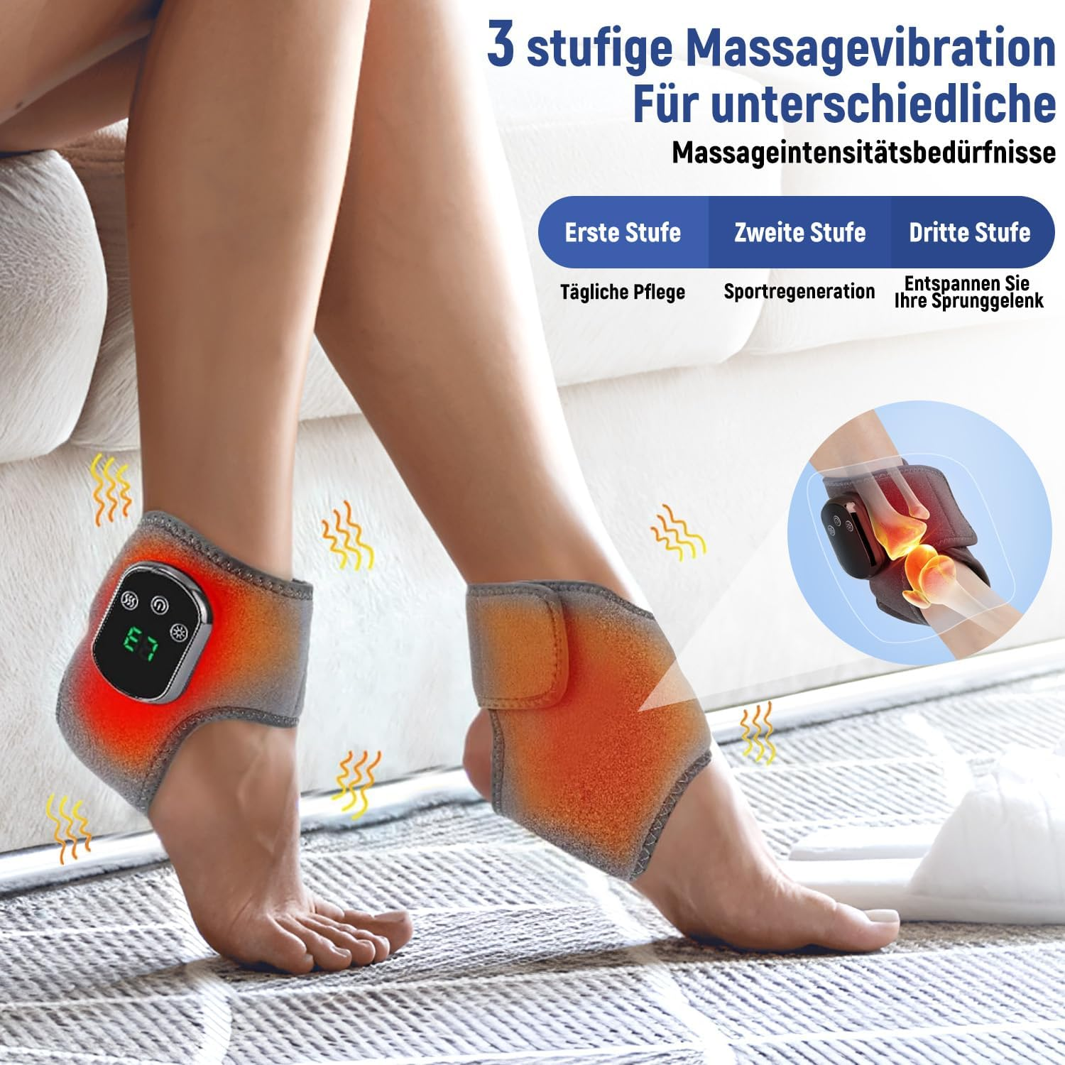 Person trägt Fußheizung mit Vibrationsmassage, 3 Stufen für unterschiedliche Bedürfnisse.