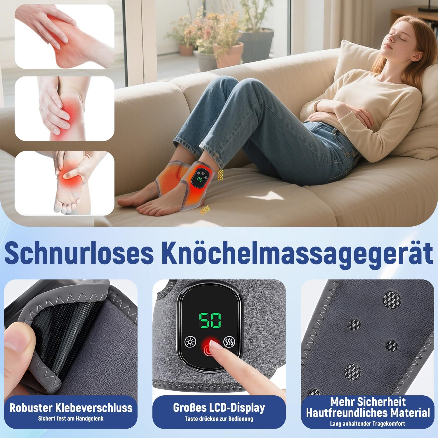 Frau entspannt auf Sofa mit Knöchel-Massagegerät; Detailansichten.