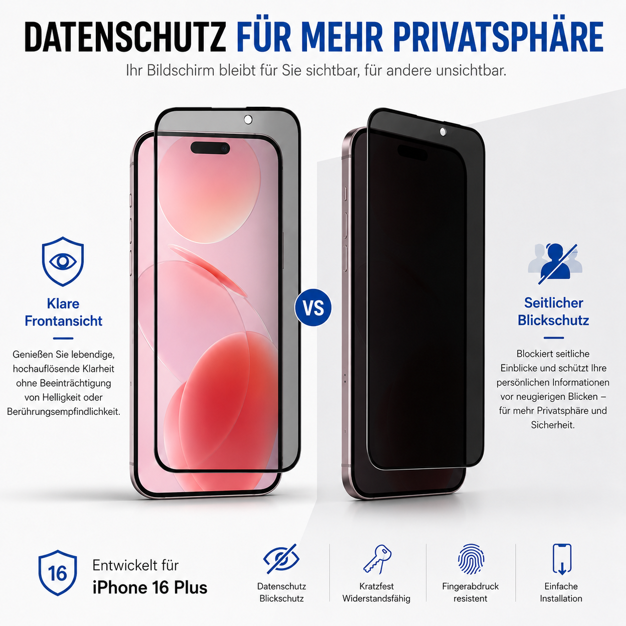 Zwei iPhones: eins mit klarer Frontansicht, eins mit seitlichem Blickschutz.