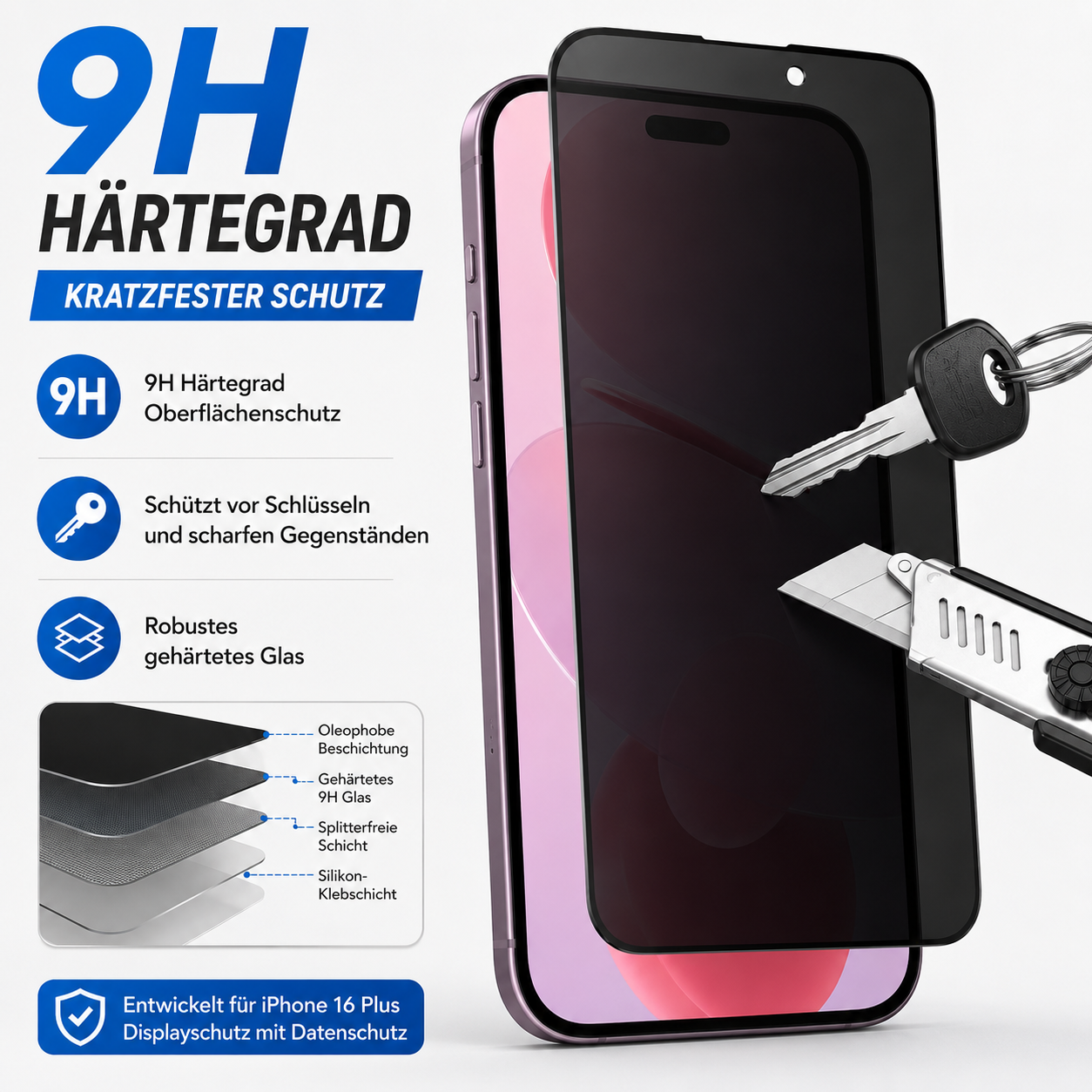 9H Härtegrad Displayschutz für iPhone 16 Plus mit Schutz vor Kratzern.