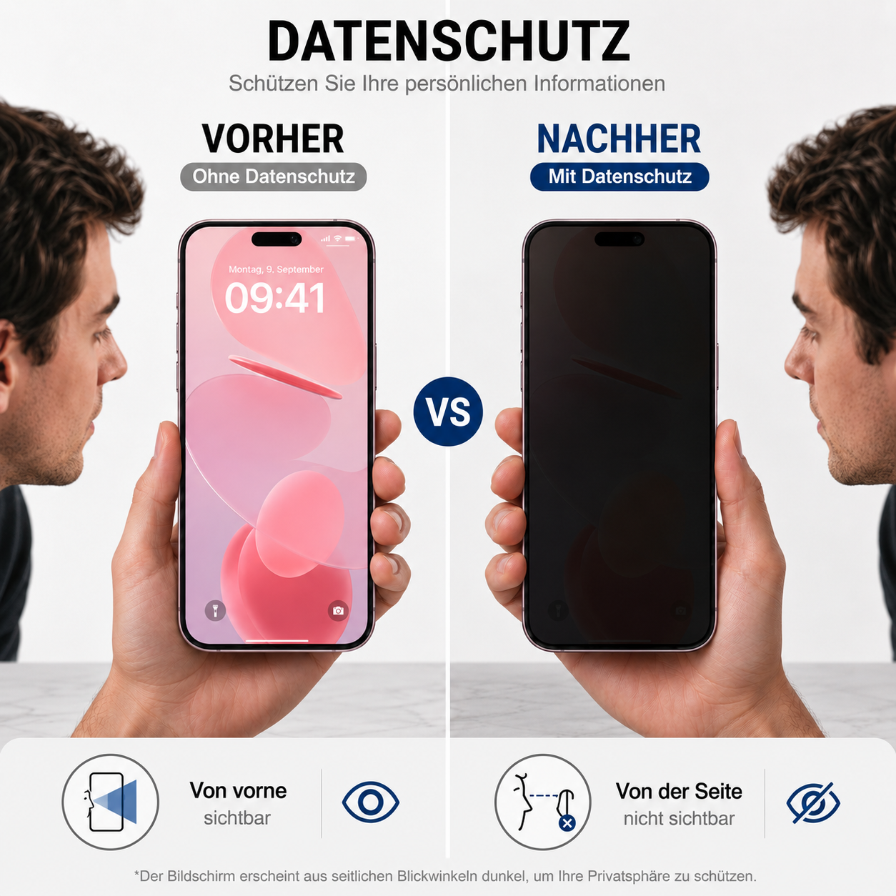 Zwei Handys im Vergleich: Links mit offenem Display, rechts mit Sichtschutz.