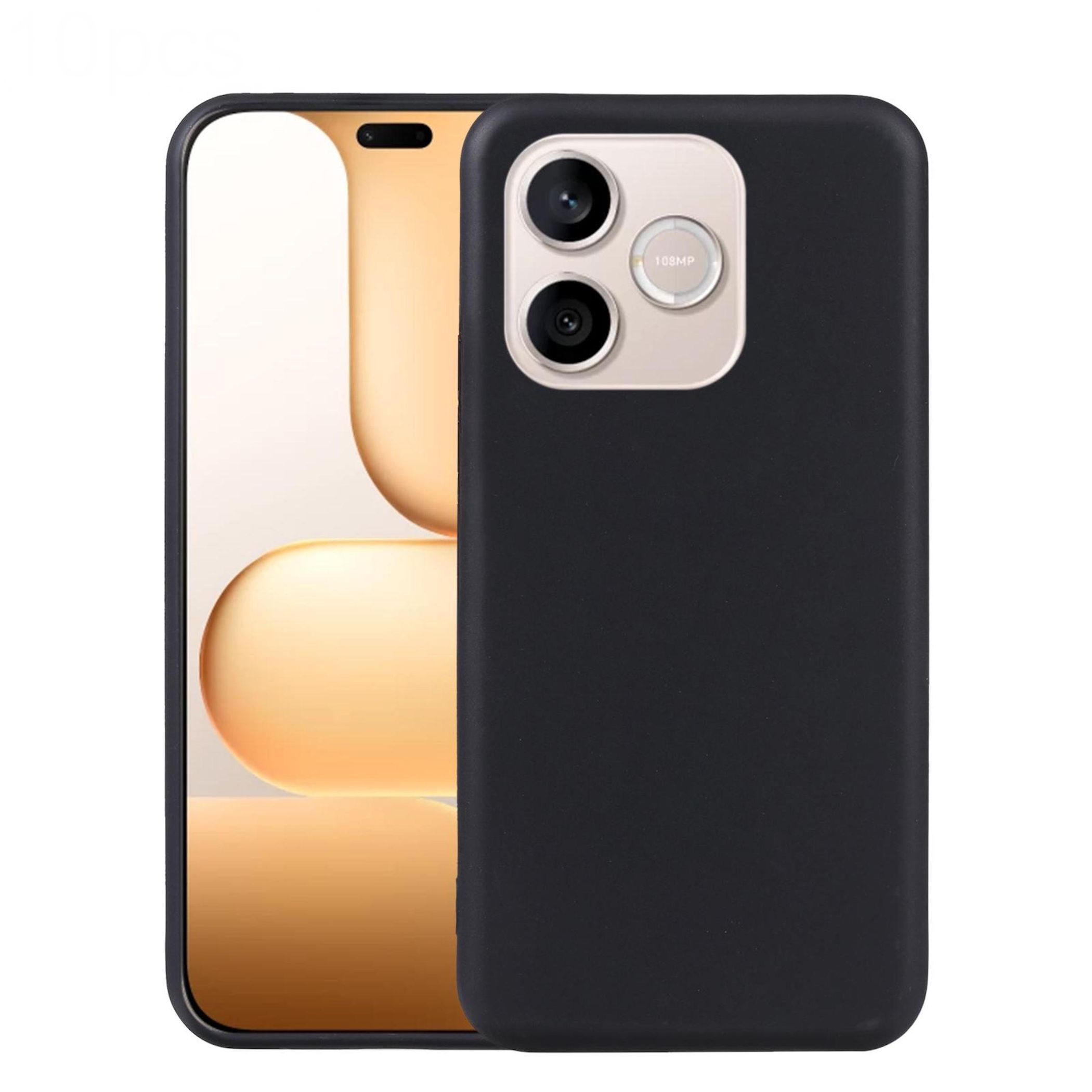 Schwarze Handyhülle mit zwei Kameras und 108MP-Aufschrift neben einem goldenen Smartphone.