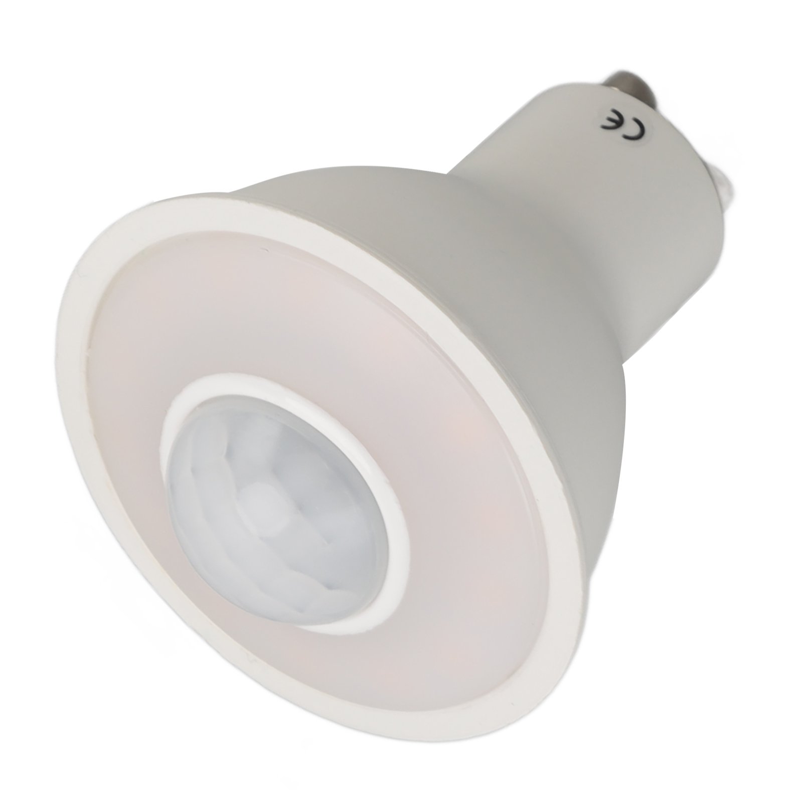 Eine weiße Lampe mit Bewegungssensor und CE-Zeichen.