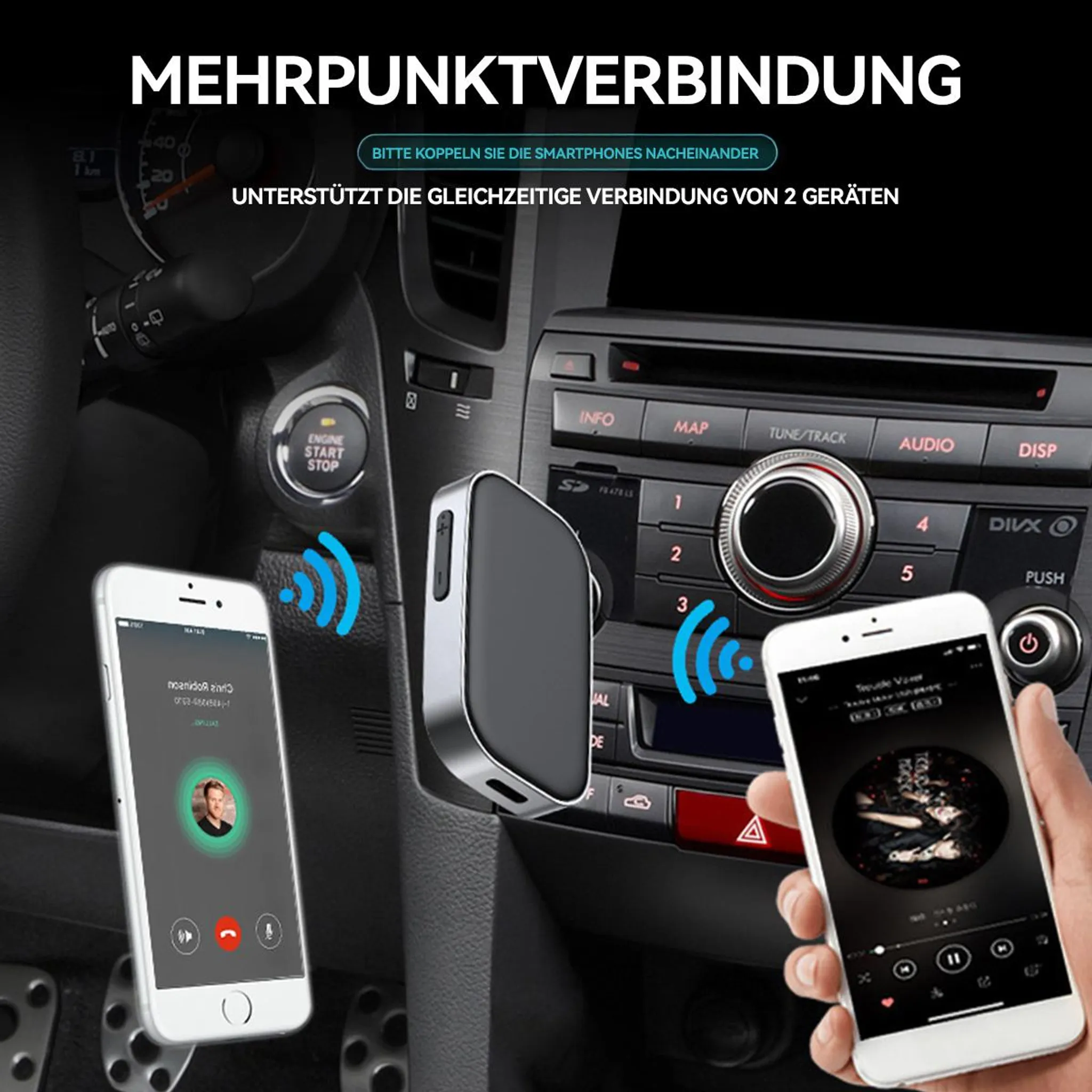 Zwei Smartphones sind mit dem Auto verbunden, eines zeigt einen Anruf, das andere Musik.