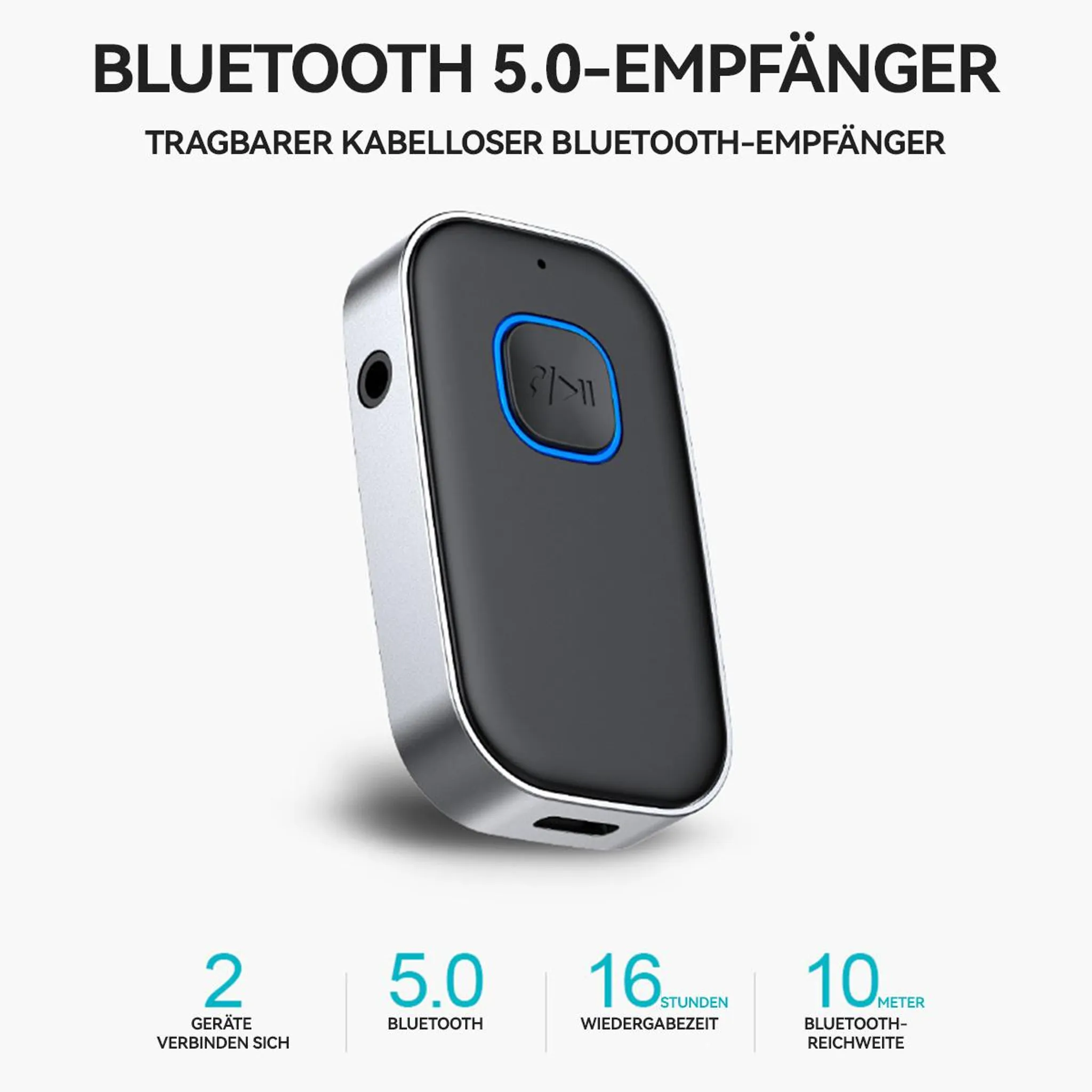 Ein schwarzer Bluetooth 5.0-Empfänger mit silbernem Rand und blauer Taste.
