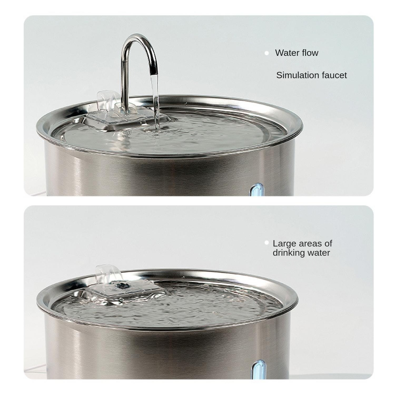 Edelstahl-Wassernapf mit Wasserfluss aus einem simulierten Wasserhahn.