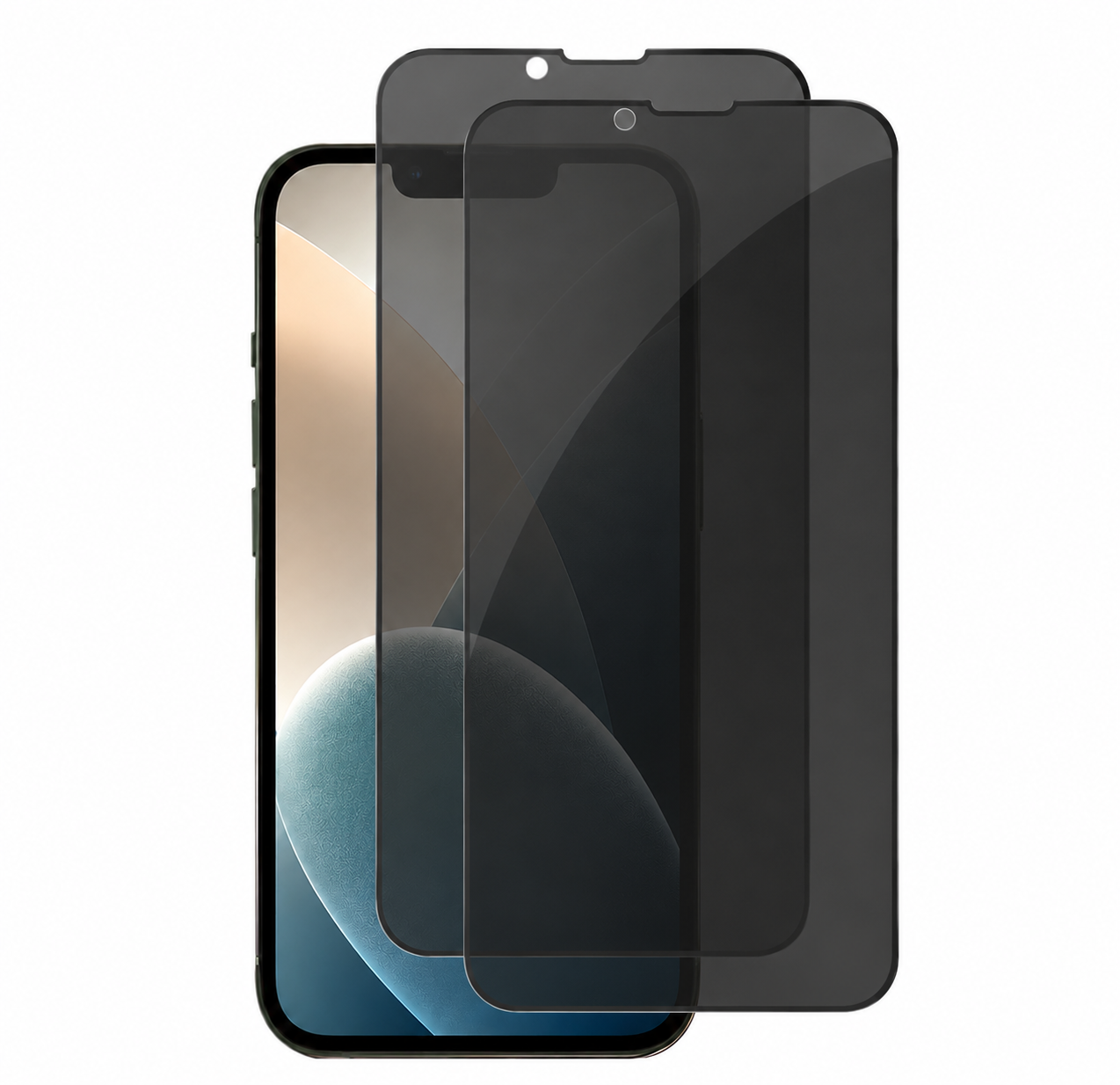 Ein dunkles Sichtschutzglas für ein Smartphone, das auf einem weißen Hintergrund liegt.